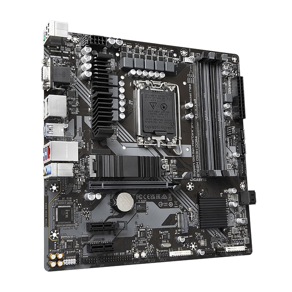 Материнская плата Gigabyte B760M DS3H DDR4, Socket 1700, Intel®B760, 4xDDR4-3200, D-SUB+HDMI+DP+DP, 1xPCI-Ex16, 2xPCI-Ex1, 4xSATA3(RAID 0/1/5/10), 2xM.2, 8Ch Audio, 2,5GbLan, (2+4)xUSB2.0, (3+2)xUSB3.2, (1+0)xUSB3.2 Type-C™, mATX, RTL {10}
