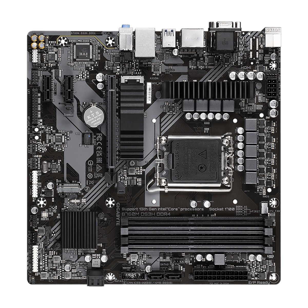 Материнская плата Gigabyte B760M DS3H DDR4, Socket 1700, Intel®B760, 4xDDR4-3200, D-SUB+HDMI+DP+DP, 1xPCI-Ex16, 2xPCI-Ex1, 4xSATA3(RAID 0/1/5/10), 2xM.2, 8Ch Audio, 2,5GbLan, (2+4)xUSB2.0, (3+2)xUSB3.2, (1+0)xUSB3.2 Type-C™, mATX, RTL {10}