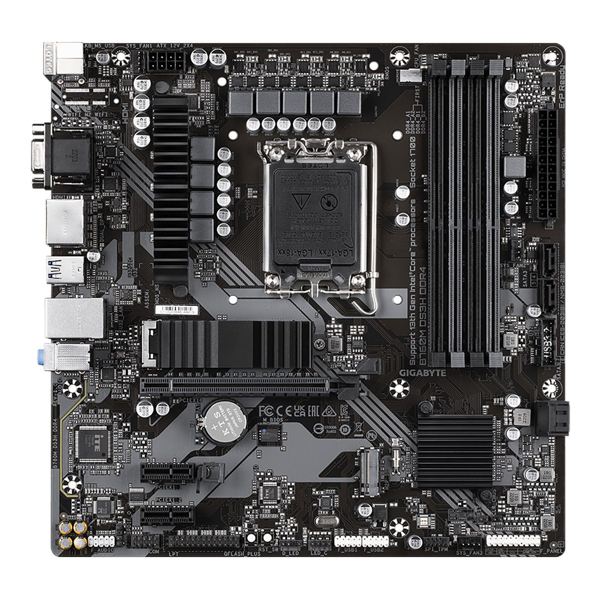 Материнская плата Gigabyte B760M DS3H DDR4, Socket 1700, Intel®B760, 4xDDR4-3200, D-SUB+HDMI+DP+DP, 1xPCI-Ex16, 2xPCI-Ex1, 4xSATA3(RAID 0/1/5/10), 2xM.2, 8Ch Audio, 2,5GbLan, (2+4)xUSB2.0, (3+2)xUSB3.2, (1+0)xUSB3.2 Type-C™, mATX, RTL {10}