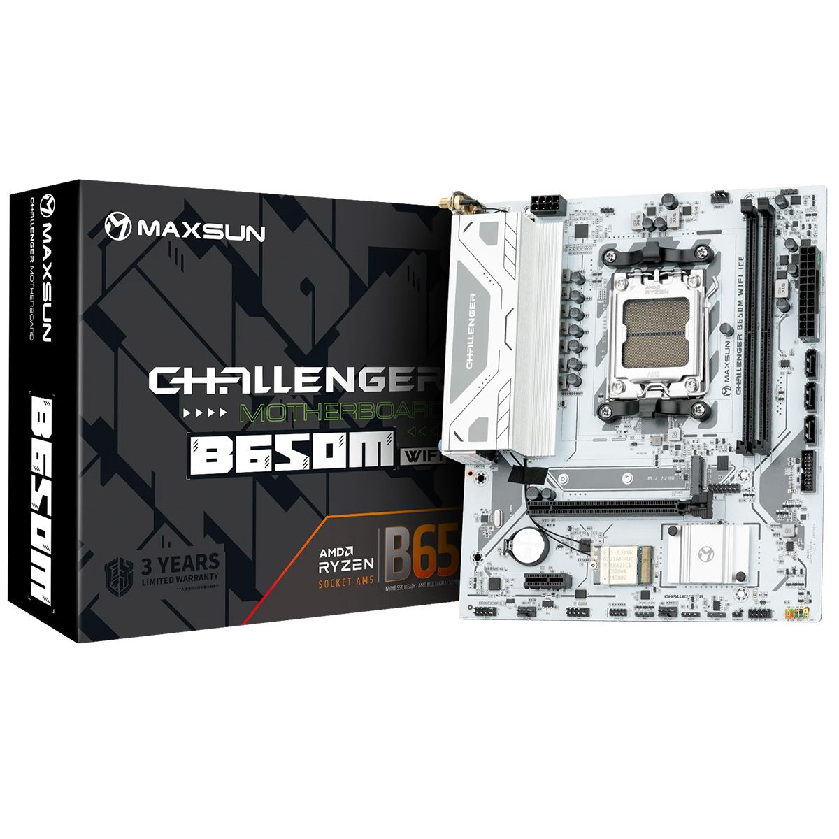 Материнская плата Maxsun MS-Challenger B650M WIFI ICE V1/V2 B650, AM5, 2*DDR5, 1*PCIEx16, 1*PCIEx1, 1*M.2, 6*USB3.2Gen1, 4*USB2.0, 3*SATA3.0, 1G, DP, HDMI, M-ATX, RTL