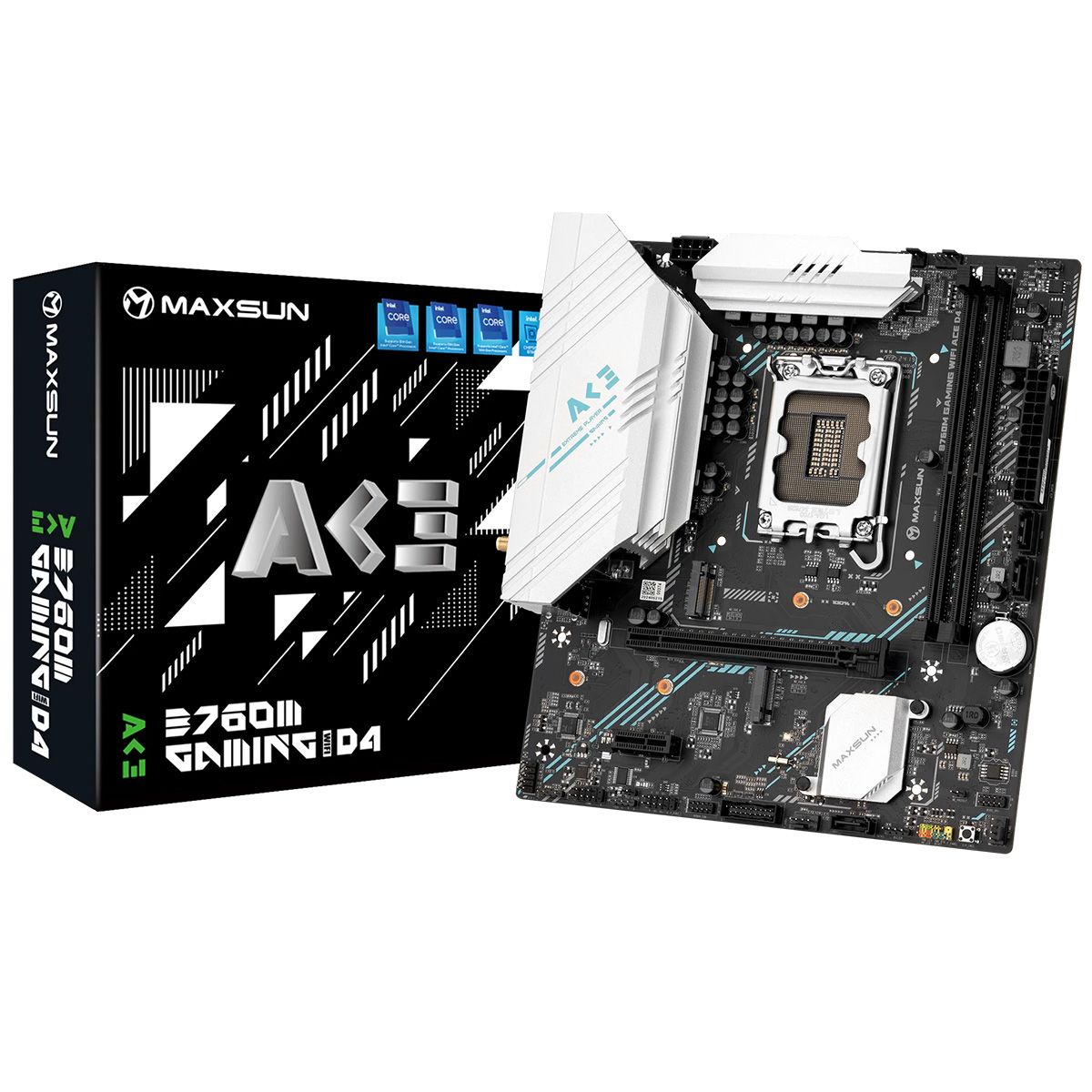 Материнская плата Maxsun MS-B760M GAMING WIFI ACE D4 B760, LGA1700, 2*DDR4, 1*PCIEx16, 1*PCIEx1, 2*M.2, 6*USB3.2Gen1, 4*USB2.0, 3*SATA3.0, 1G, DP, HDMI, M-ATX, RTL