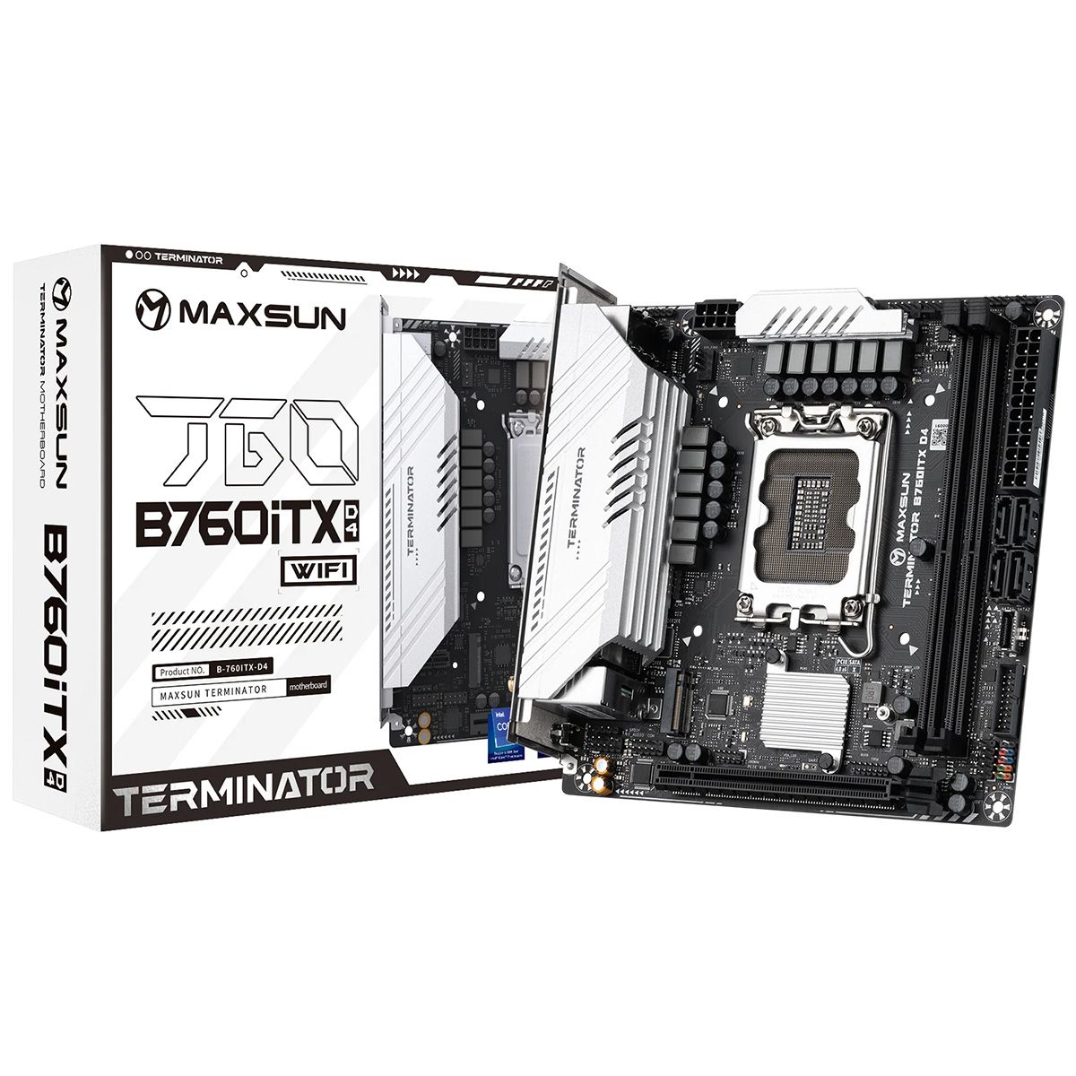 Материнская плата Maxsun MS-Terminator B760ITX D4 WIFI B760, LGA1700, 2*DDR4, 1*PCIEx16, 2*M.2, 2*TypeC, 6*USB3.2Gen1, 6*USB2.0, 4*SATA3.0, 2.5G, DP, HDMI, Mini-ITX, RTL