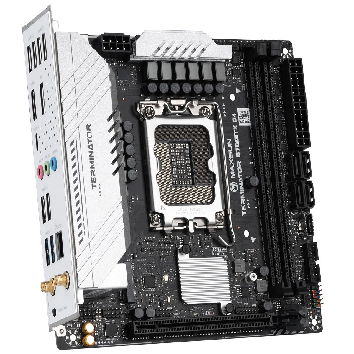 Материнская плата Maxsun MS-Terminator B760ITX D4 WIFI B760, LGA1700, 2*DDR4, 1*PCIEx16, 2*M.2, 2*TypeC, 6*USB3.2Gen1, 6*USB2.0, 4*SATA3.0, 2.5G, DP, HDMI, Mini-ITX, RTL