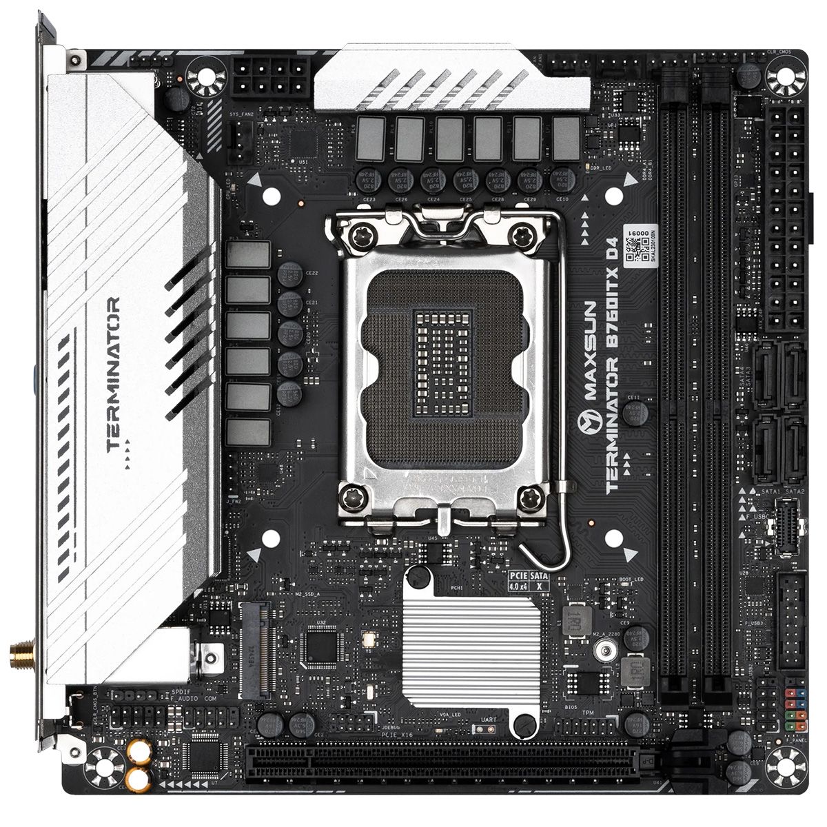 Материнская плата Maxsun MS-Terminator B760ITX D4 WIFI B760, LGA1700, 2*DDR4, 1*PCIEx16, 2*M.2, 2*TypeC, 6*USB3.2Gen1, 6*USB2.0, 4*SATA3.0, 2.5G, DP, HDMI, Mini-ITX, RTL