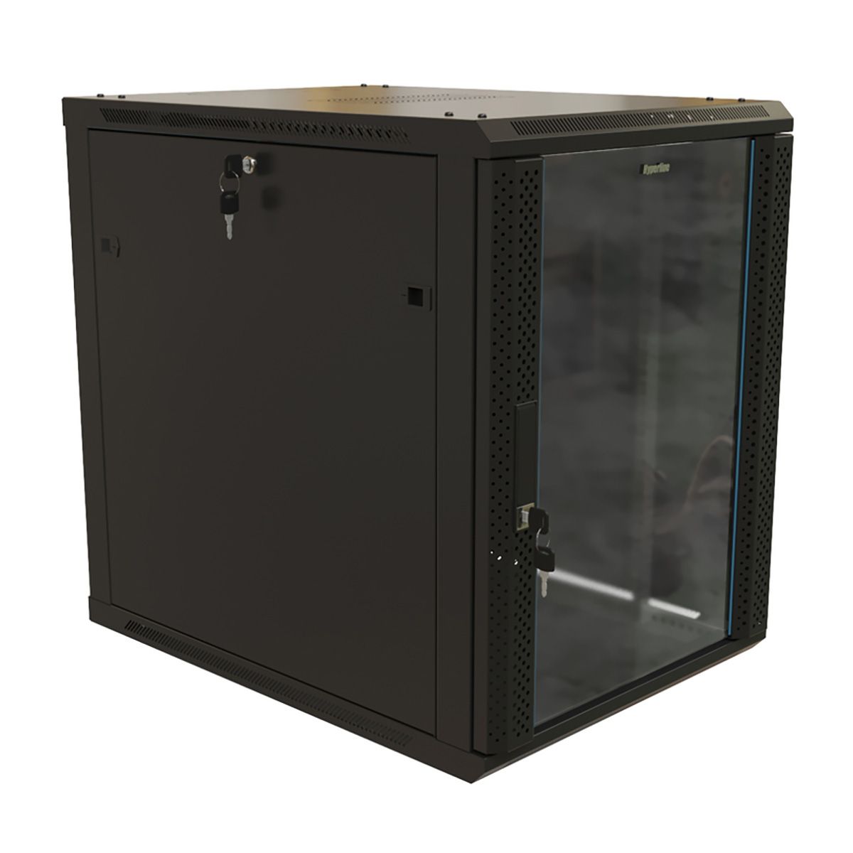 Шкаф Hyperline TWB-1268-GP-RAL9004 Шкаф настенный 12U, 650x600х800мм, стеклянная дверь с перфорацией по бокам, ручка с замком, цвет черный (RAL 9004) (разобранный)