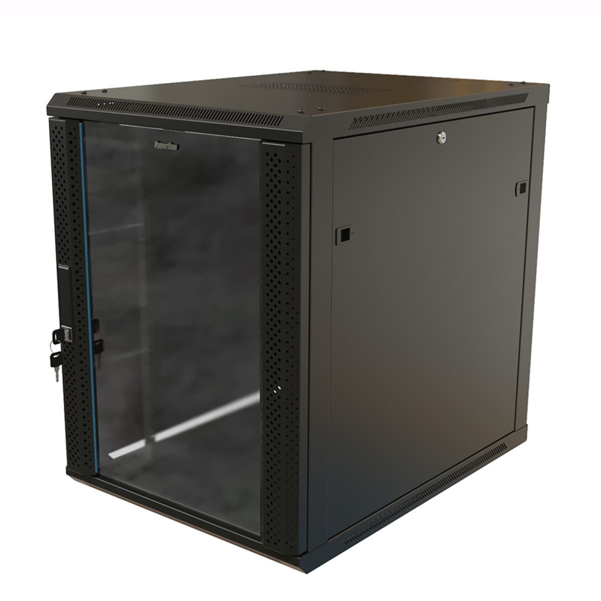 Шкаф Hyperline TWB-1268-GP-RAL9004 Шкаф настенный 12U, 650x600х800мм, стеклянная дверь с перфорацией по бокам, ручка с замком, цвет черный (RAL 9004) (разобранный)