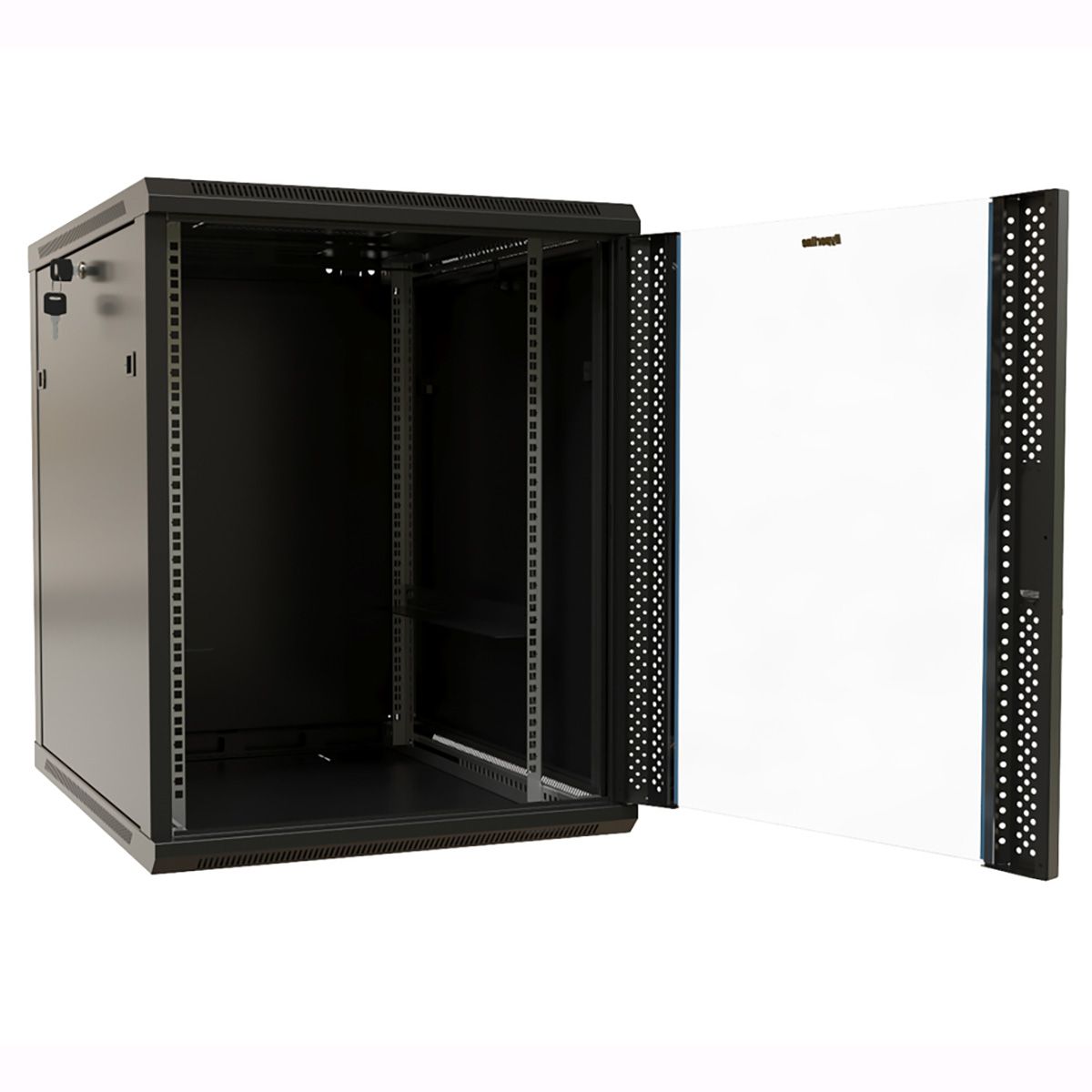 Шкаф Hyperline TWB-1268-GP-RAL9004 Шкаф настенный 12U, 650x600х800мм, стеклянная дверь с перфорацией по бокам, ручка с замком, цвет черный (RAL 9004) (разобранный)