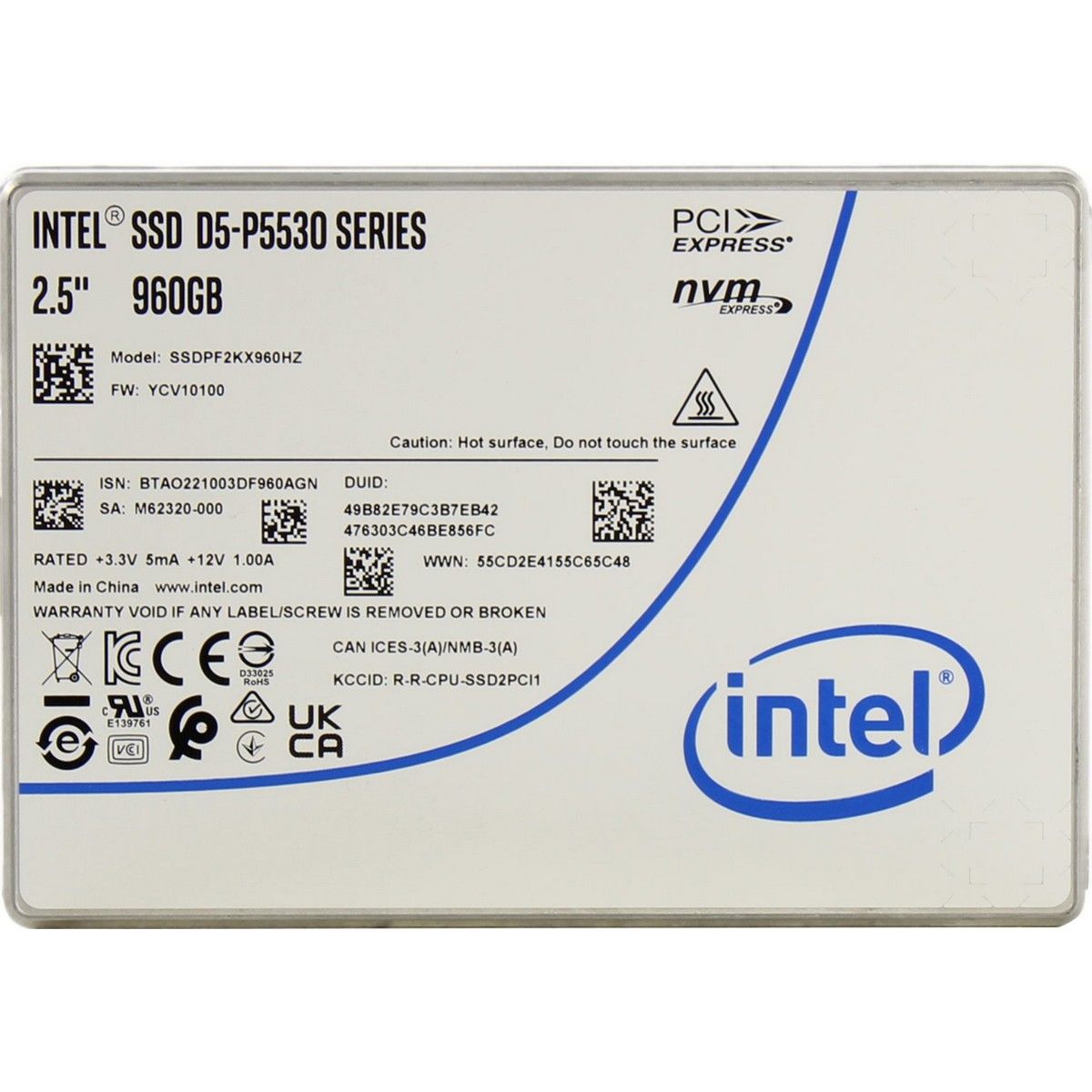 Твердотельный накопитель SSD Intel 2.5" U.2 SSD Intel 960GB D5-P5530PCIe Gen4x4 with NVMe, 5500/1600, IOPS 300/75K, TLC (SSDPF2KX960HZN1)