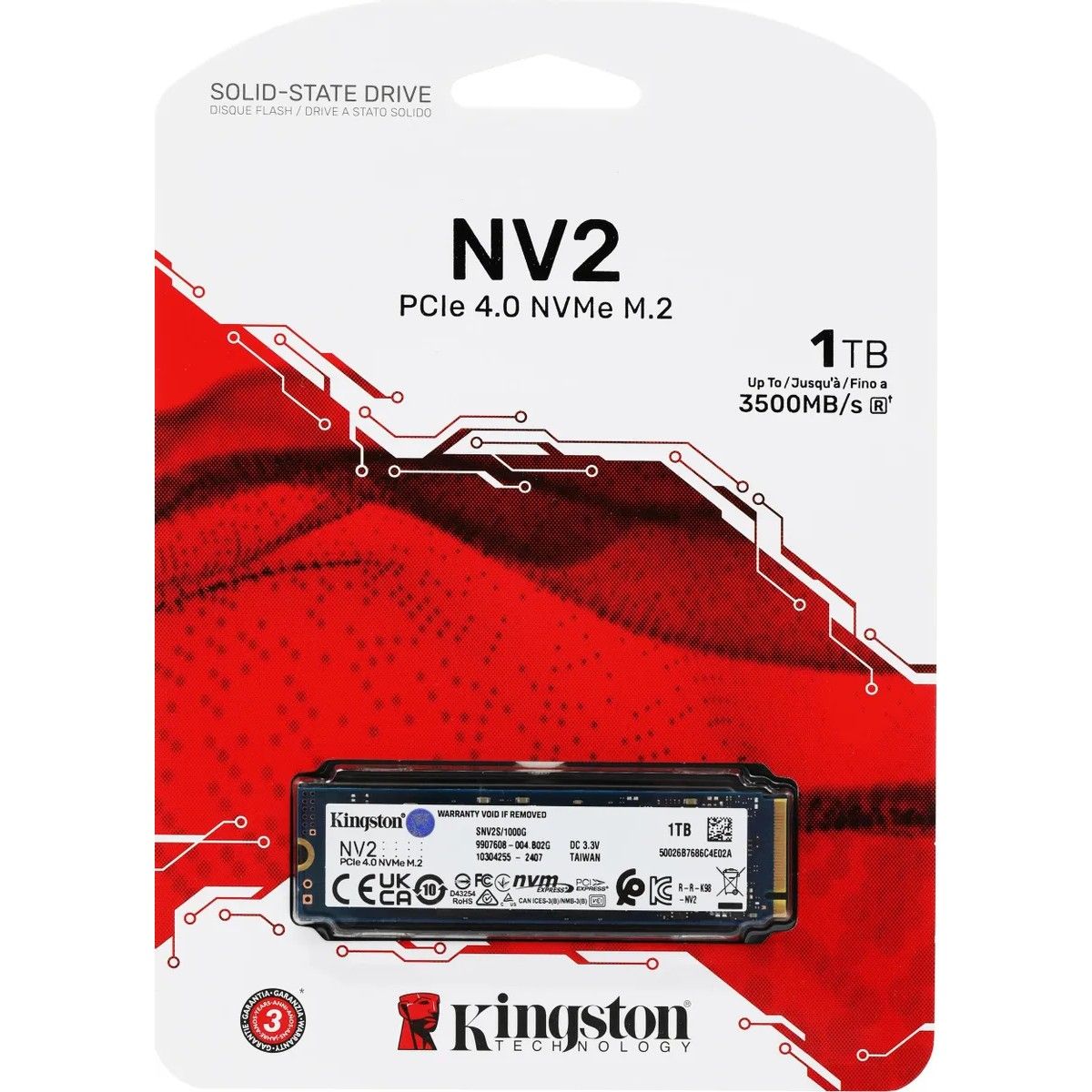 Твердотельный накопитель SSD Kingston M.2 2280 1000GB NV2 SNV2S/1000G PCIe Gen 4.0x4,3500/2100,IOPS K,MTBF (actual) , 320TBW, 1.5DWPD, RTL