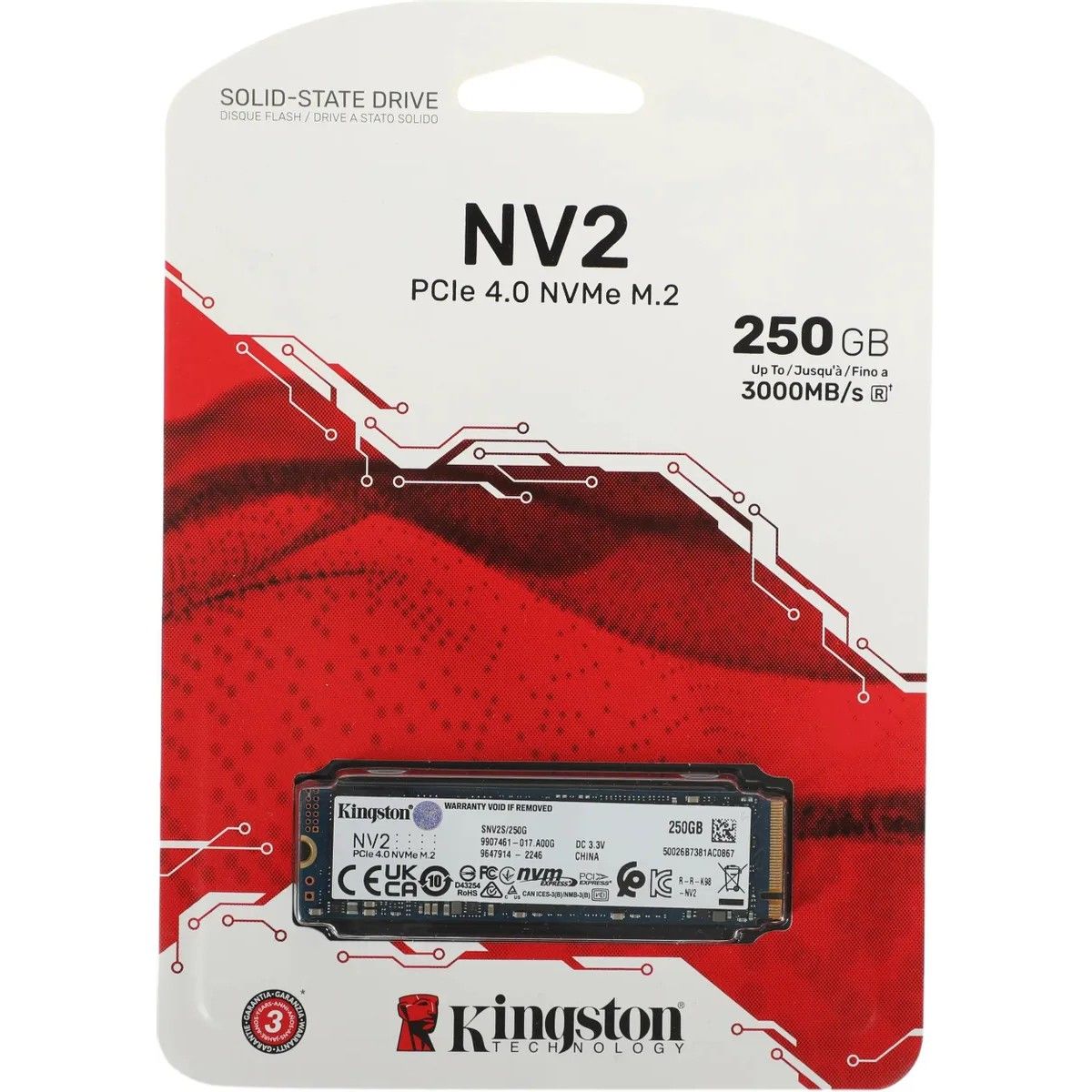 Твердотельный накопитель SSD Kingston M.2 2280 250GB NV2 Client SSD SNV2S/250G NVMe™ PCIe Gen 4.0 x 4, 3000/1300, 80TBW,(actual) 1.5DWPD, RTL