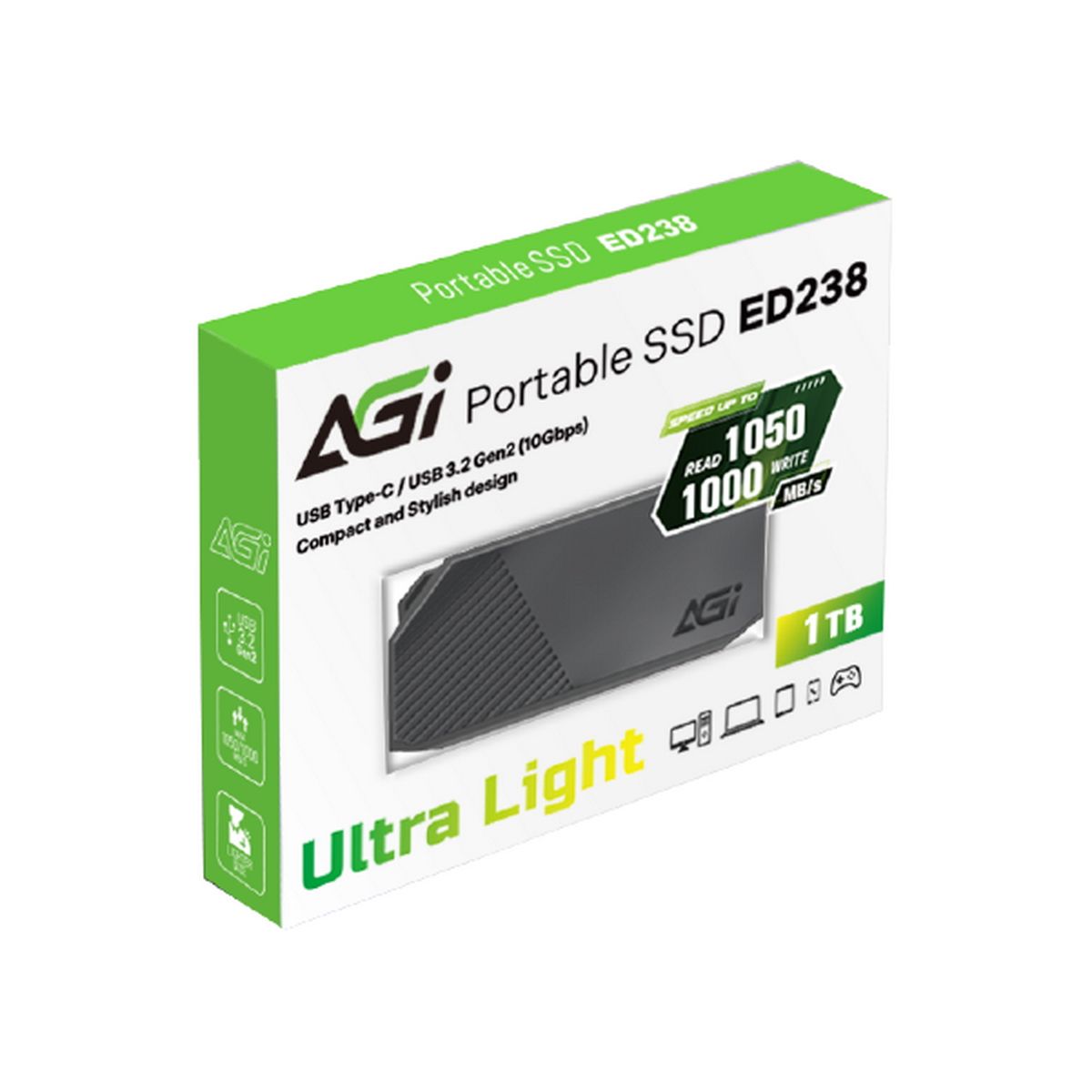 Твердотельный накопитель SSD AGI 1TB ED238 Portable SSD AGI1T0G33ED238 USB 3.2 Gen 2 with Type-C, 1050/1000 MB/s TBW 300TB