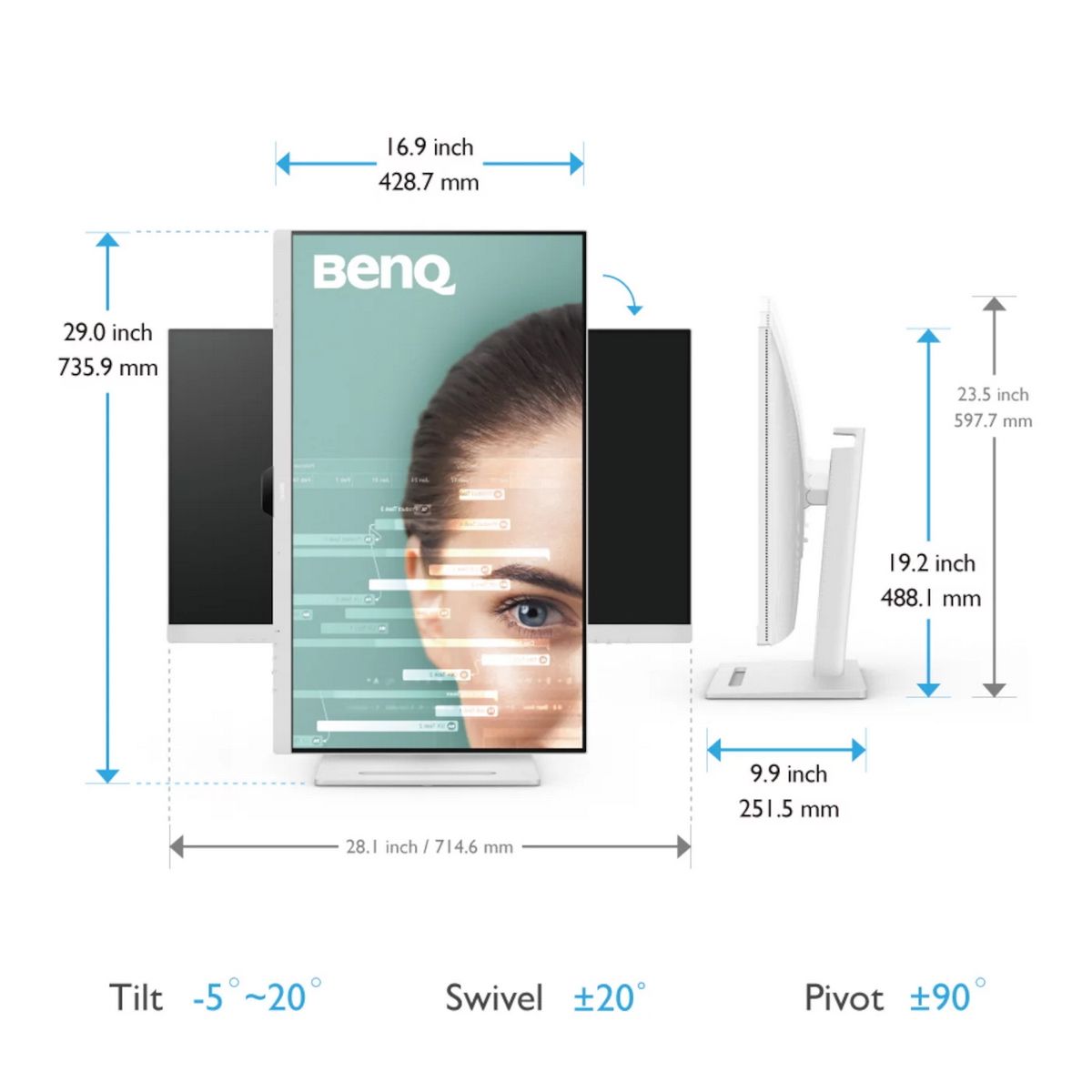 Монитор 31.5" BenQ GW3290QT White (2560x1440, IPS, 75Hz, 20M:1, 350cd, 5ms, HDMI, DP; 3*USB 3.2; USB C*65W, Speakers, Height adj 110, Pivot, 99% sRGB, Flicker-free;Low Blue Light, 3Y)