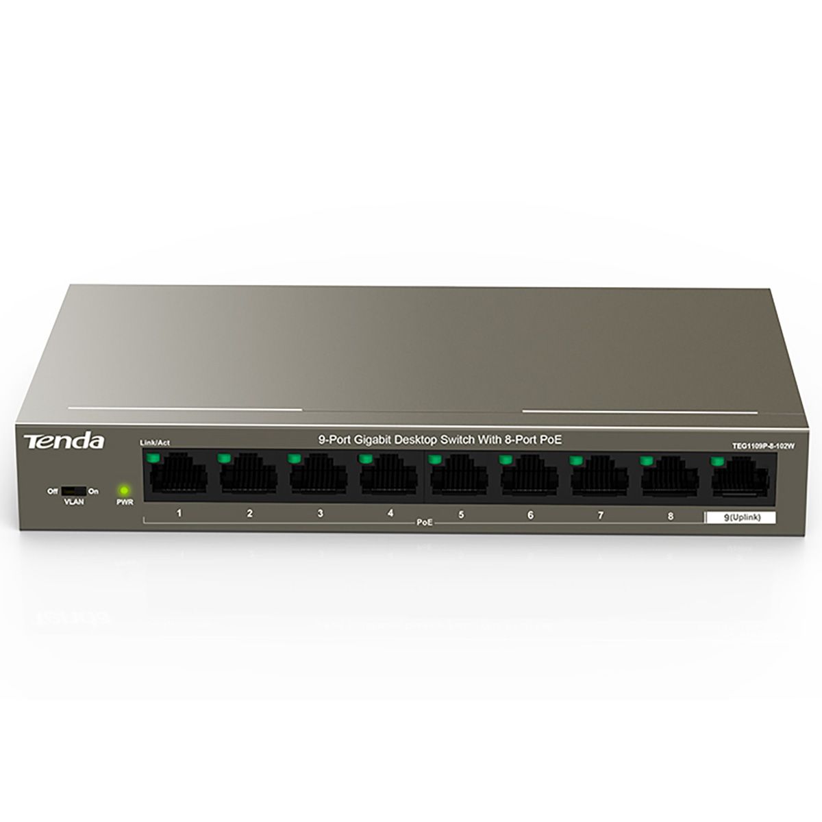 Коммутатор Tenda TEG1109P-8-102W Коммутатор неуправляемый PoE, 9 портов 9x1 Гбит/с, PoE 8х92 Вт, настольный