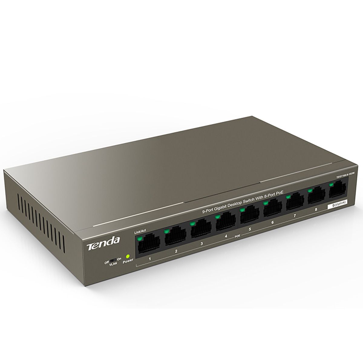 Коммутатор Tenda TEG1109P-8-102W Коммутатор неуправляемый PoE, 9 портов 9x1 Гбит/с, PoE 8х92 Вт, настольный