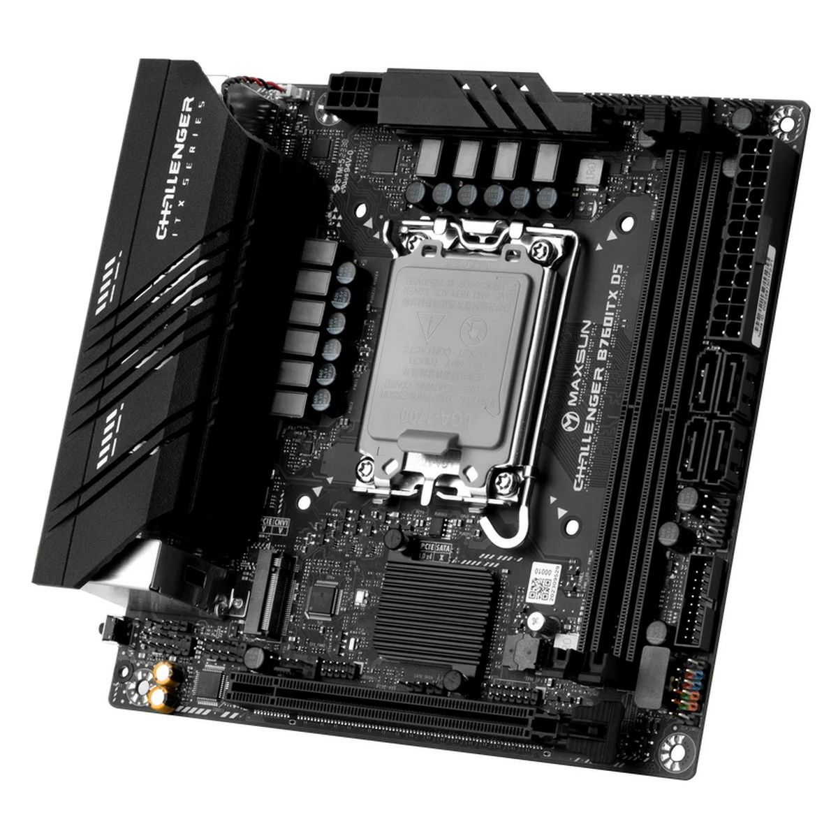 Материнская плата Maxsun MS-Challenger B760ITX D5 B760, LGA1700, 2*DDR5, 1*PCIEx16, 2*M.2, 1*TypeC, 4*USB3.2Gen1, 6*USB2.0, 4*SATA3.0, 2.5G, 1G, 2*DP, 2*HDMI, Mini-ITX, RTL
