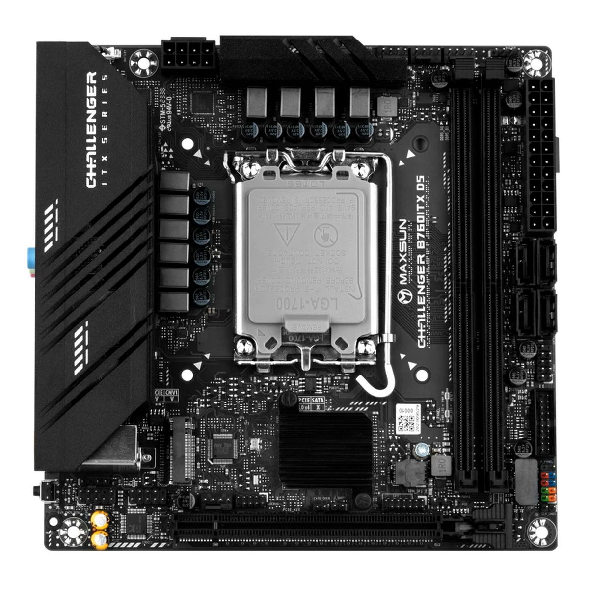 Материнская плата Maxsun MS-Challenger B760ITX D5 B760, LGA1700, 2*DDR5, 1*PCIEx16, 2*M.2, 1*TypeC, 4*USB3.2Gen1, 6*USB2.0, 4*SATA3.0, 2.5G, 1G, 2*DP, 2*HDMI, Mini-ITX, RTL