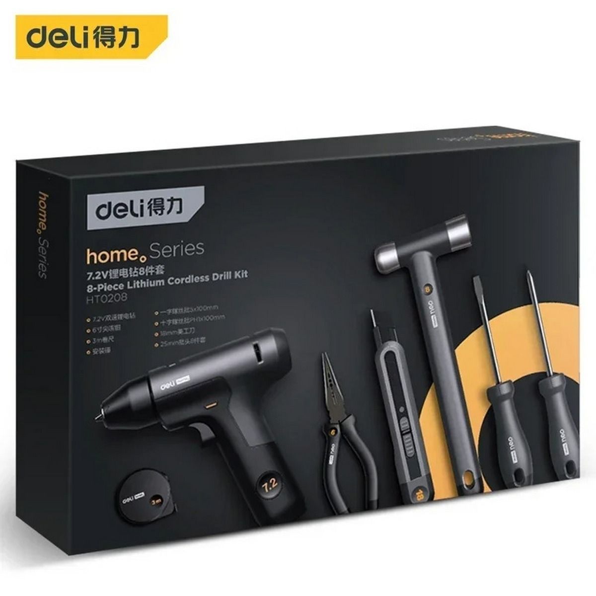 Набор ручного инструмента Deli + шуруповерт "Home Series Black" Deli HT0208 8 предметов