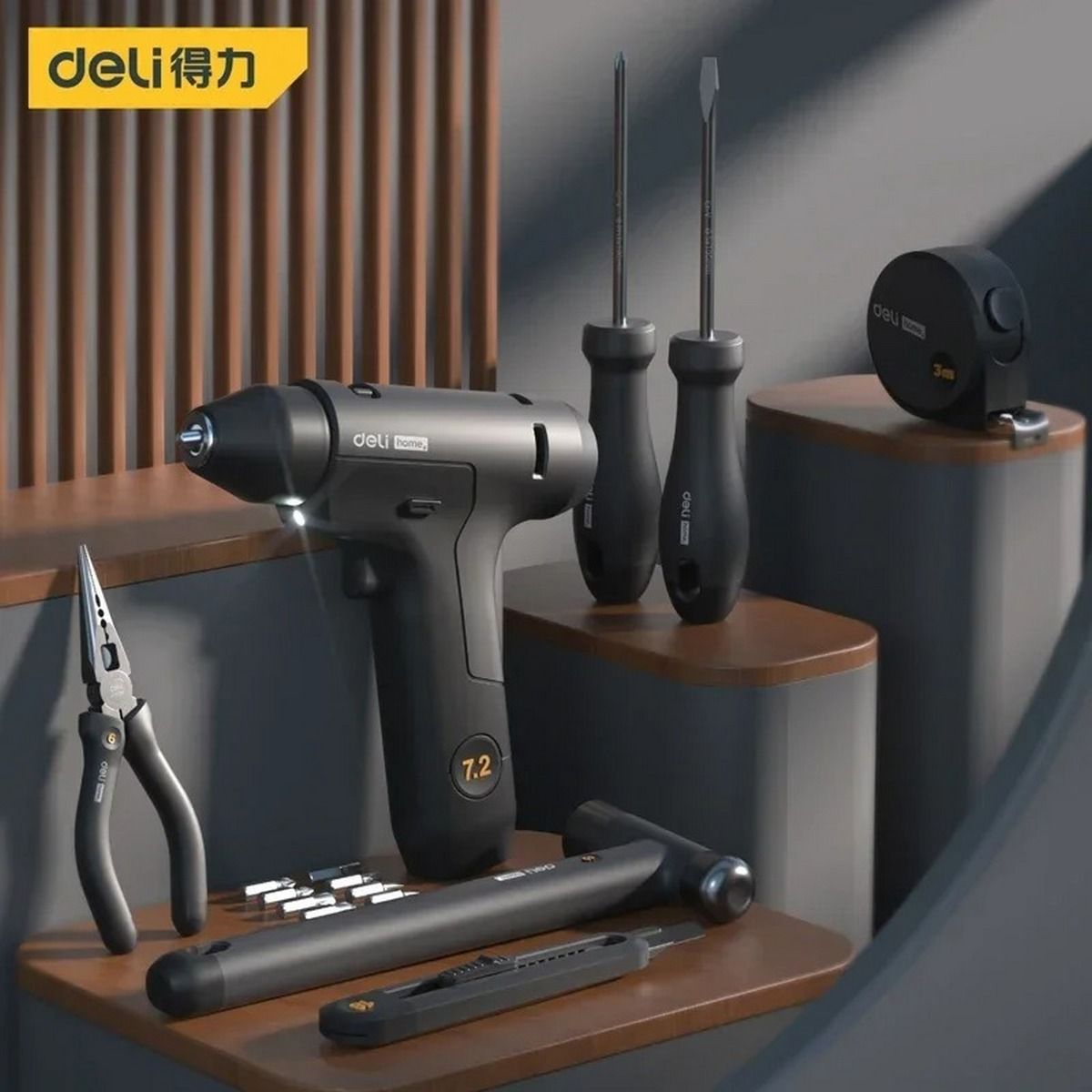 Набор ручного инструмента Deli + шуруповерт "Home Series Black" Deli HT0208 8 предметов