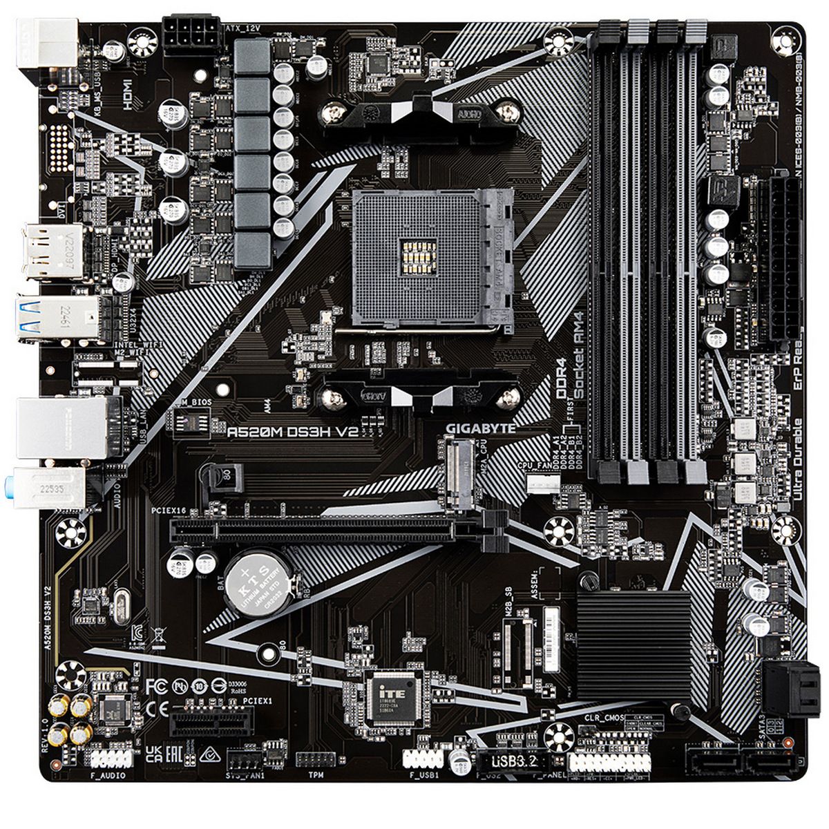 Материнская плата Gigabyte OEM A520M DS3H V2, Socket AM4, AMD A520, 4xDDR4-3200, HDMI+DP, 1xPCI-Ex16, 1xPCI-Ex1, 4xSATA3(RAID 0/1/10), 1xM.2, 8 Ch Audio, GLan, (4+2)xUSB2.0, (4+2)xUSB3.2, 1xPS/2, mATX, RTL oem