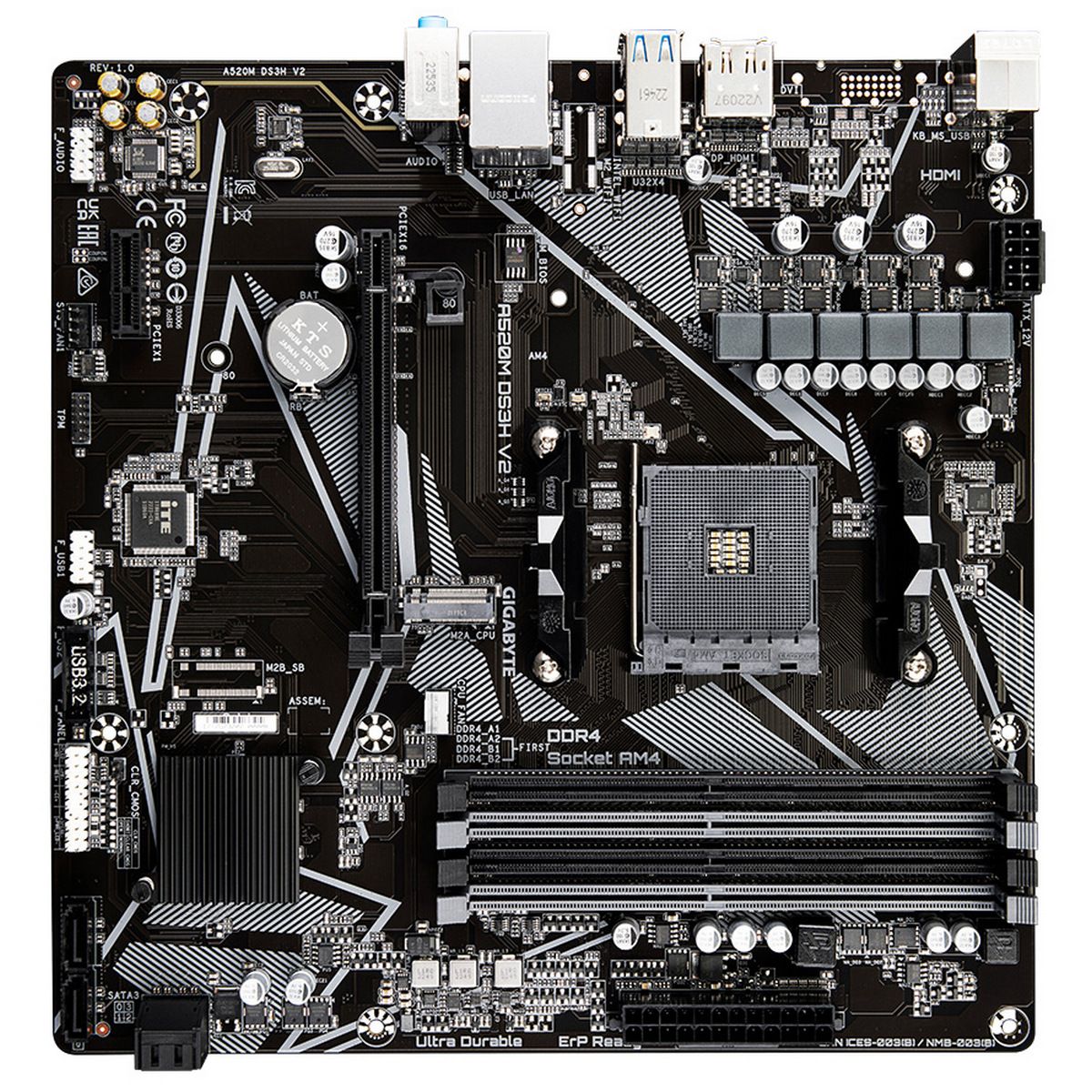 Материнская плата Gigabyte OEM A520M DS3H V2, Socket AM4, AMD A520, 4xDDR4-3200, HDMI+DP, 1xPCI-Ex16, 1xPCI-Ex1, 4xSATA3(RAID 0/1/10), 1xM.2, 8 Ch Audio, GLan, (4+2)xUSB2.0, (4+2)xUSB3.2, 1xPS/2, mATX, RTL oem
