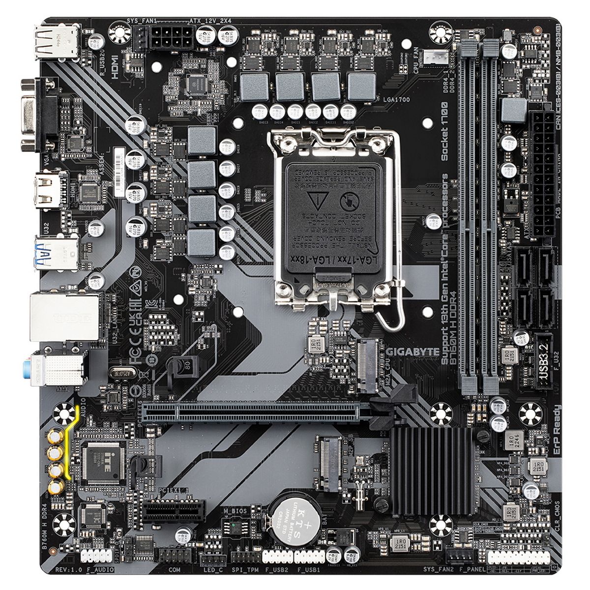 Материнская плата Gigabyte OEM B760M H DDR4, Socket 1700, Intel®B760, 2xDDR4-3200, D-SUB+HDMI, 1xPCI-Ex16, 1xPCI-Ex1, 4xSATA3(RAID 0/1/5/10), 2xM.2, 8Ch Audio, 2,5GbLan, (2+4)xUSB2.0, (4+2)xUSB3.2, mATX, RTL oem