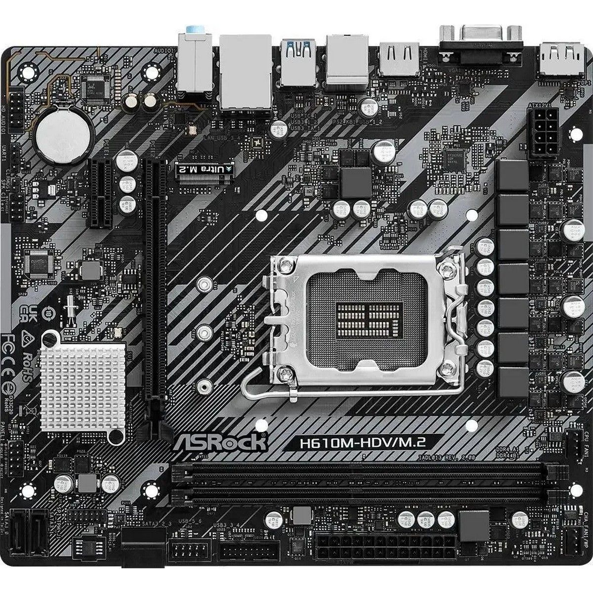 Материнская плата ASRock H610M-HDV/M.2 R2.0, Socket 1700, Intel®H610, 2xDDR4-3200, D-SUB+HDMI+DP, 1xPCI-Ex16, 1xPCI-Ex1, 4xSATA3, 1xM.2, 8 Ch Audio, 1xGLan, (4+2)xUSB2.0, (2+2)xUSB3.2, 1xPS/2, mATX, oem