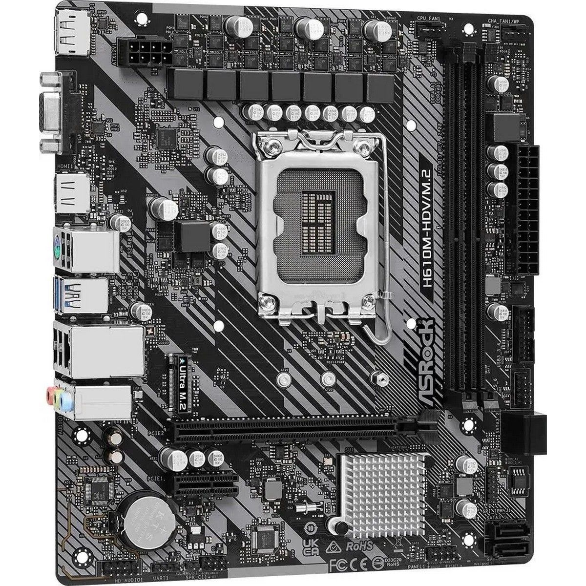 Материнская плата ASRock H610M-HDV/M.2 R2.0, Socket 1700, Intel®H610, 2xDDR4-3200, D-SUB+HDMI+DP, 1xPCI-Ex16, 1xPCI-Ex1, 4xSATA3, 1xM.2, 8 Ch Audio, 1xGLan, (4+2)xUSB2.0, (2+2)xUSB3.2, 1xPS/2, mATX, oem