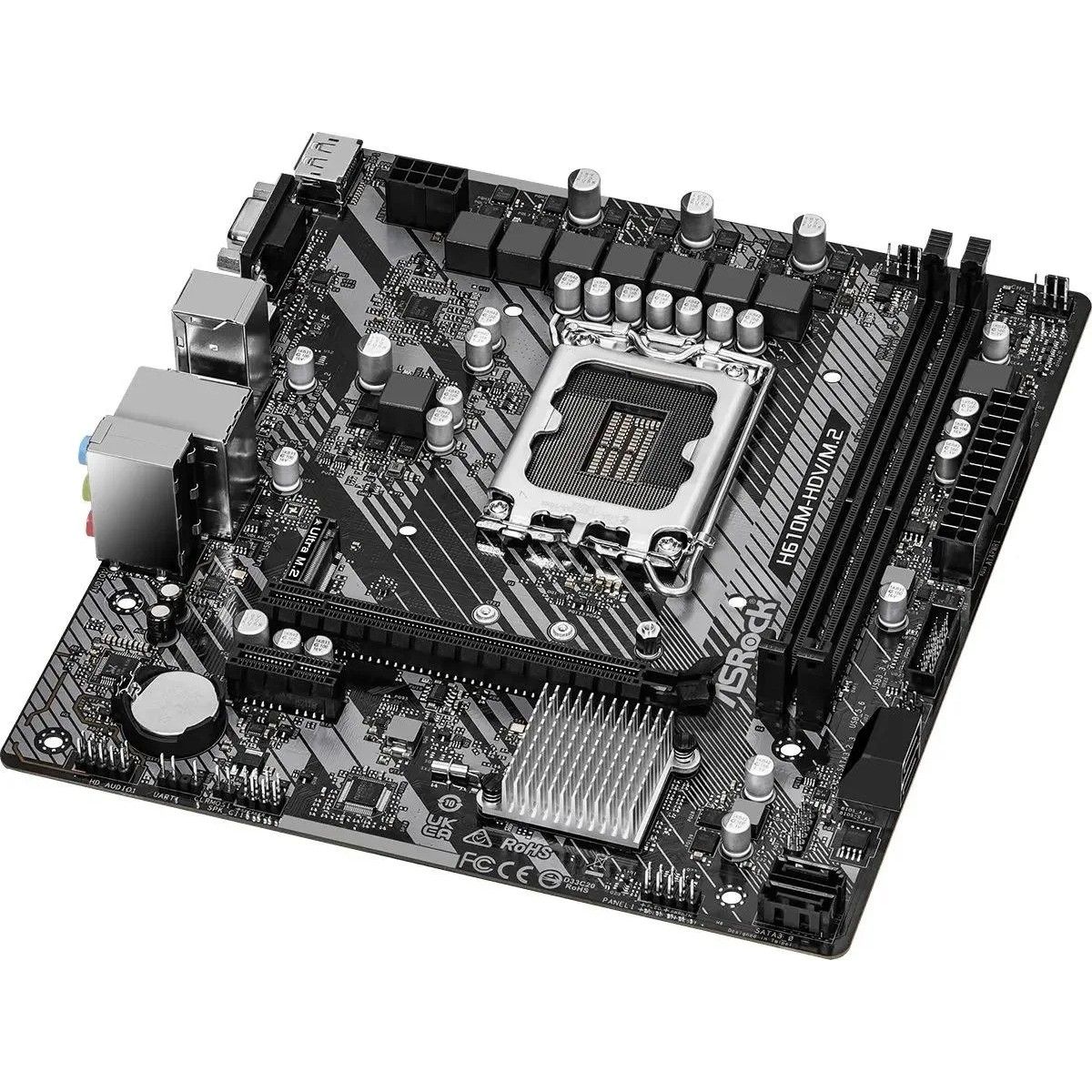 Материнская плата ASRock H610M-HDV/M.2 R2.0, Socket 1700, Intel®H610, 2xDDR4-3200, D-SUB+HDMI+DP, 1xPCI-Ex16, 1xPCI-Ex1, 4xSATA3, 1xM.2, 8 Ch Audio, 1xGLan, (4+2)xUSB2.0, (2+2)xUSB3.2, 1xPS/2, mATX, oem