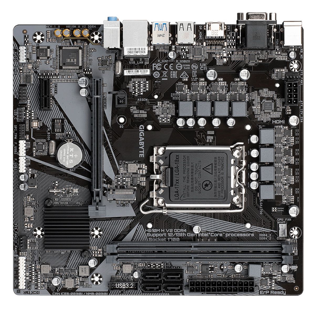 Материнская плата Gigabyte OEM H610M H V2 DDR4, Socket 1700, Intel®H610, 2xDDR4-3200, D-SUB+HDMI, 1xPCI-Ex16, 1xPCI-Ex1, 4xSATA3, 1xM.2, 8Ch Audio, GLan, (4+4)xUSB2.0, (2+2)xUSB3.2, 2xPS/2, mATX, RTL oem