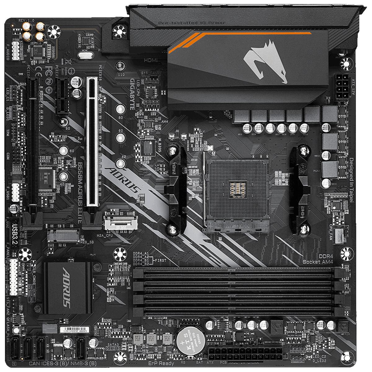 Материнская плата Gigabyte B550M AORUS ELITE, Socket AM4, AMD B550, 4xDDR4-3200, DVI-D+HDMI, 2xPCI-Ex16, 1xPCI-Ex1, 4xSATA3(RAID 0/1/10), 2xM.2, 8 Ch Audio, GLan, (4+2)xUSB2.0, (4+2)xUSB3.2, 1xPS/2, mATX, RTL {10} (809546)