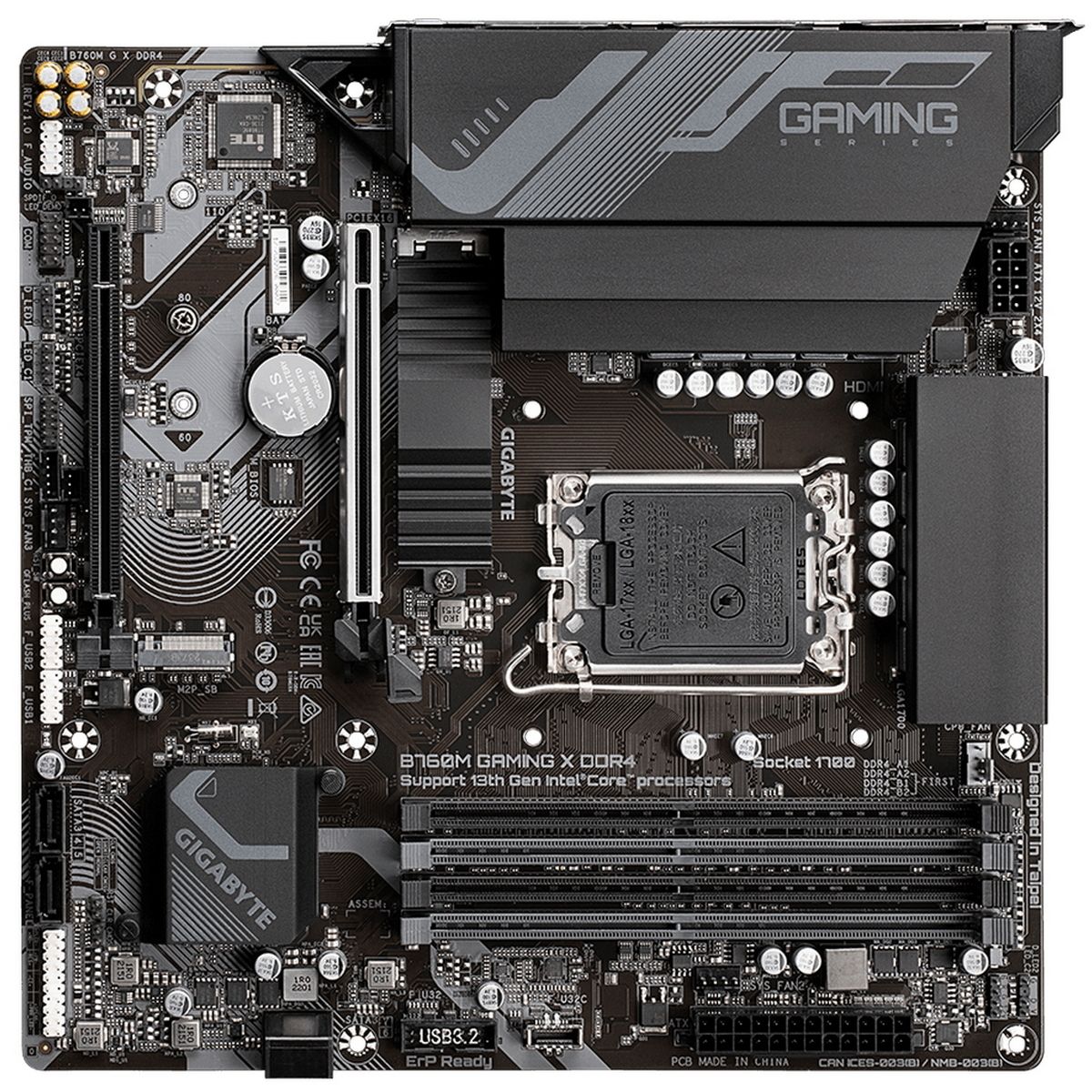 Материнская плата Gigabyte B760M GAMING X DDR4, Socket 1700, Intel®B760, 4xDDR4-3200, HDMI+DP, 1xPCI-Ex16, 1xPCI-Ex1, 4xSATA3(RAID 0/1/5/10), 2xM.2, 8Ch Audio, GLan, (4+4)xUSB2.0, (4+2)xUSB3.2, (0+1)xUSB3.2 Type-C™, mATX, RTL