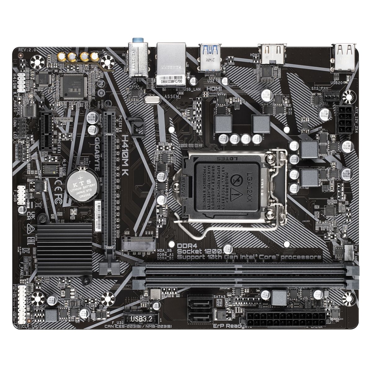 Материнская плата Gigabyte OEM H410M K 2.0, Socket 1200, Intel®Q470, 2xDDR4-2666, HDMI, 1xPCI-Ex16, 1xPCI-Ex1, 2xSATA3, 1xM.2, 8 Ch Audio, GLan, (4+2)xUSB2.0, (2+2)xUSB3.2, mATX, RTL {10} oem