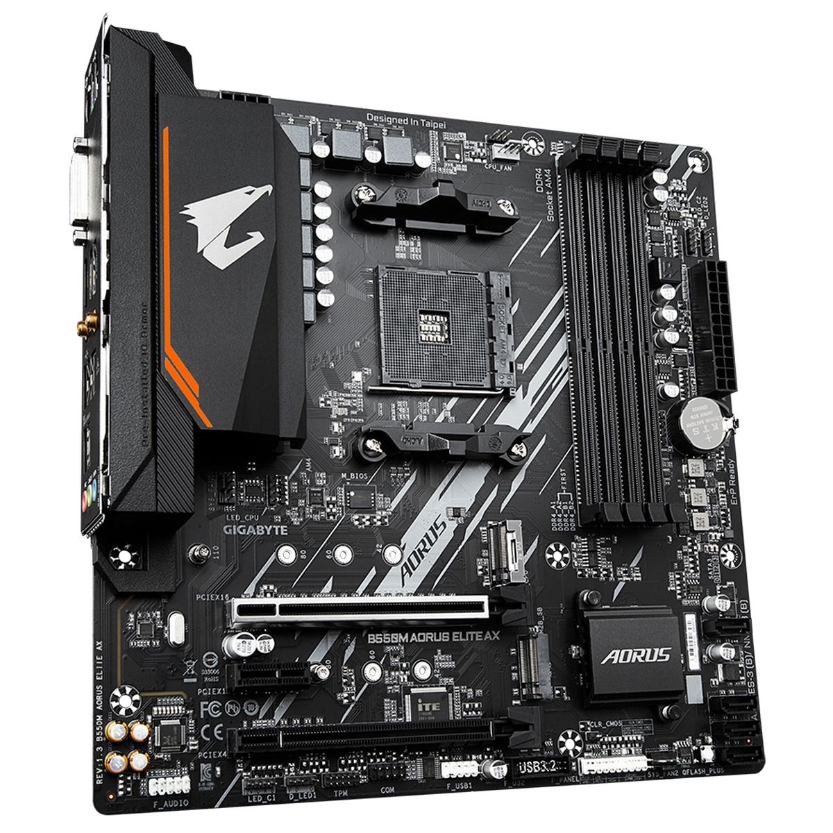 Материнская плата Gigabyte OEM B550M AORUS ELITE AX, Socket AM4, AMD B550, 4xDDR4-3200, DVI-D+HDMI, 2xPCI-Ex16, 1xPCI-Ex1, 4xSATA3(RAID 0/1/10), 2xM.2, 8 Ch Audio, GLan, WIFI, (4+2)xUSB2.0, (4+2)xUSB3.2, 1xPS/2, mATX, RTL {10} oem