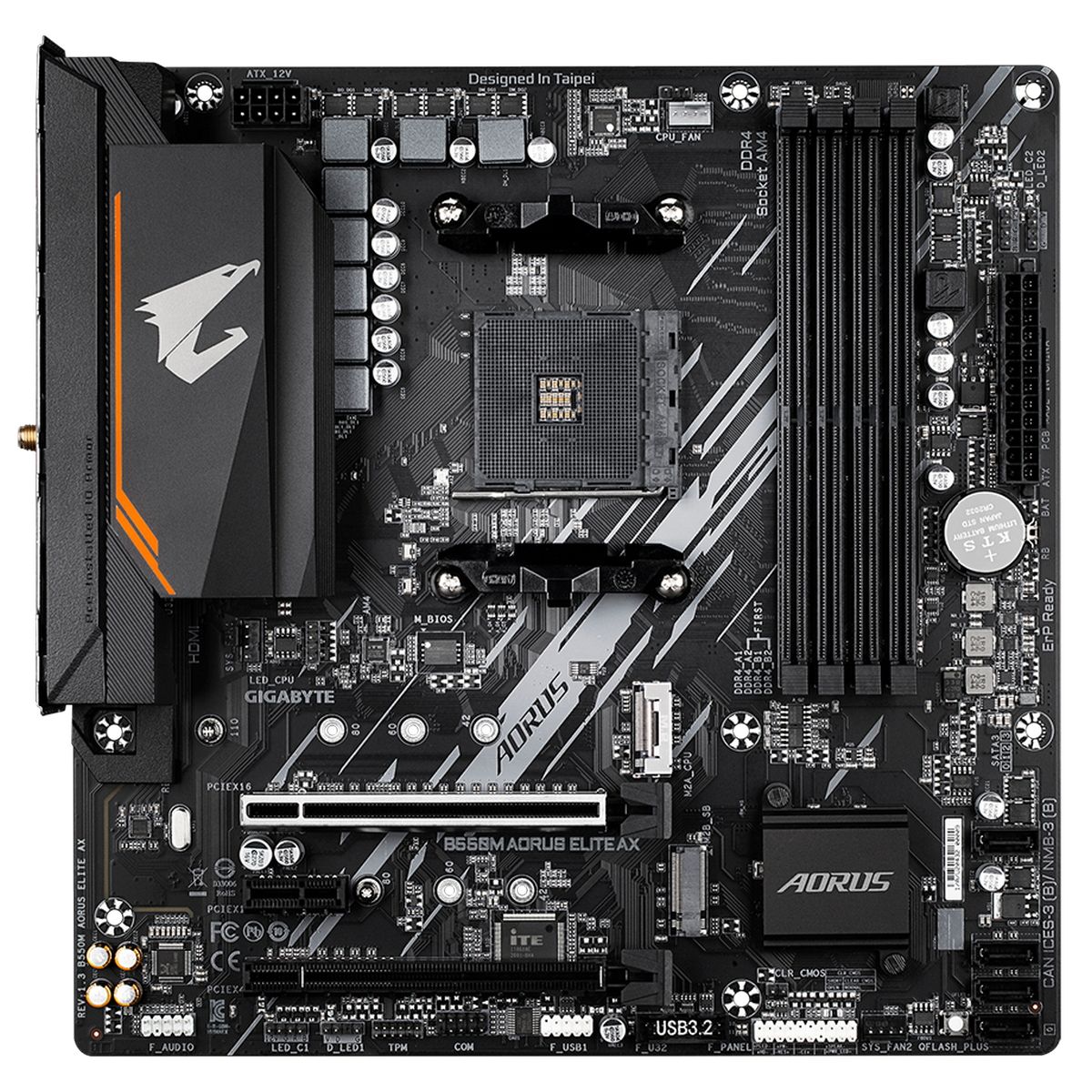 Материнская плата Gigabyte OEM B550M AORUS ELITE AX, Socket AM4, AMD B550, 4xDDR4-3200, DVI-D+HDMI, 2xPCI-Ex16, 1xPCI-Ex1, 4xSATA3(RAID 0/1/10), 2xM.2, 8 Ch Audio, GLan, WIFI, (4+2)xUSB2.0, (4+2)xUSB3.2, 1xPS/2, mATX, RTL {10} oem