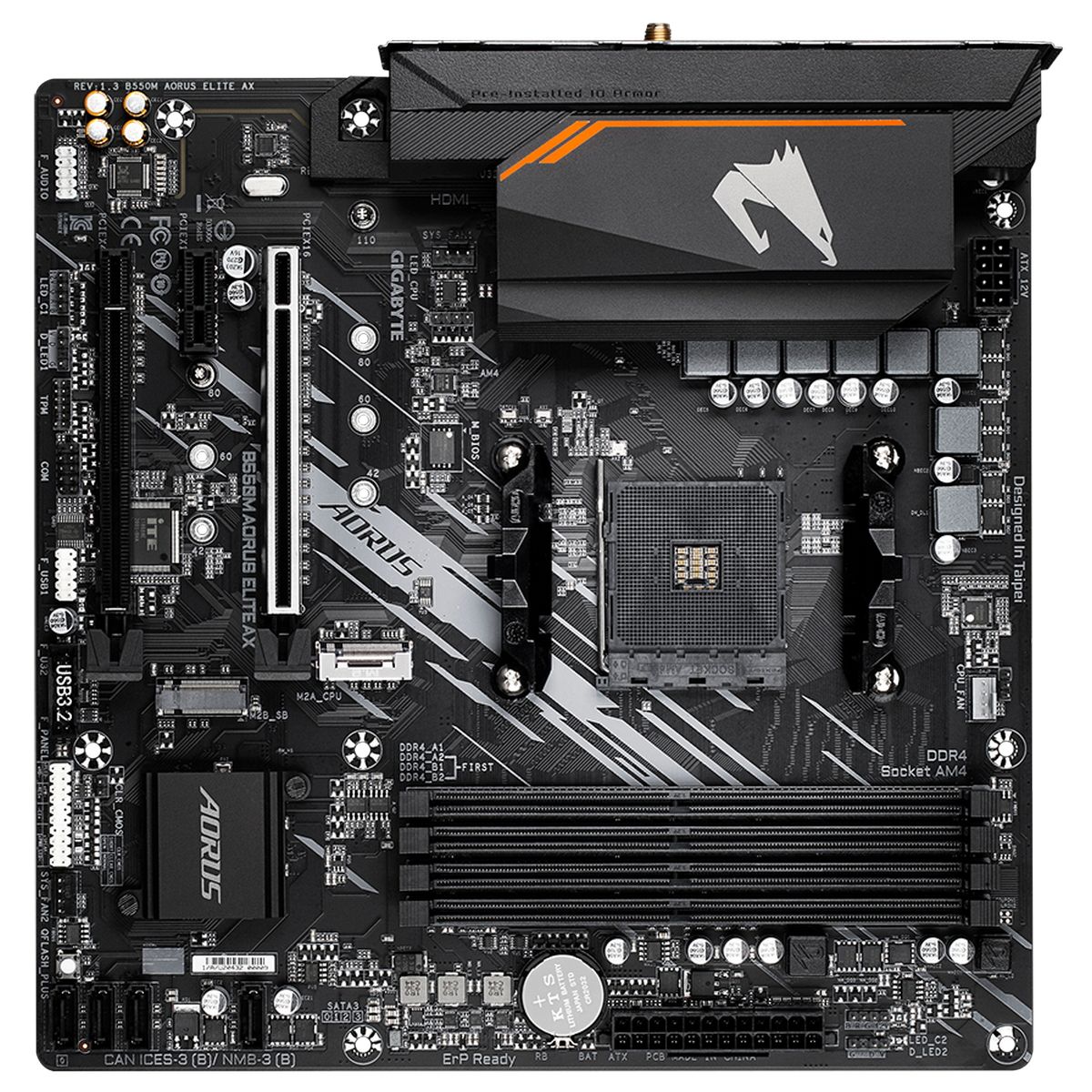 Материнская плата Gigabyte OEM B550M AORUS ELITE AX, Socket AM4, AMD B550, 4xDDR4-3200, DVI-D+HDMI, 2xPCI-Ex16, 1xPCI-Ex1, 4xSATA3(RAID 0/1/10), 2xM.2, 8 Ch Audio, GLan, WIFI, (4+2)xUSB2.0, (4+2)xUSB3.2, 1xPS/2, mATX, RTL {10} oem