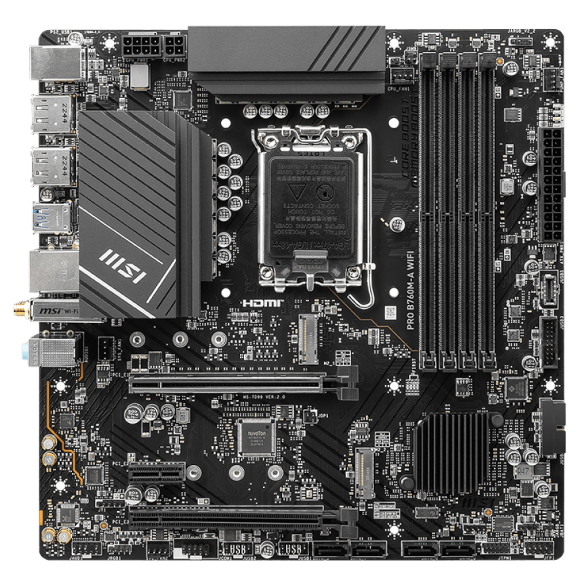 Материнская плата MSI OEM PRO B760M-A WIFI B760, LGA1700, 4*DDR5, 2*PCIEx16, 1*PCIEx1, 2*M.2, 1*TypeC, 2*USB3.2Gen2, 6*USB3.2Gen1, 6*USB2.0, 4*SATA3.0, 2.5G, 2*DP, 2*HDMI, M-ATX, RTL oem