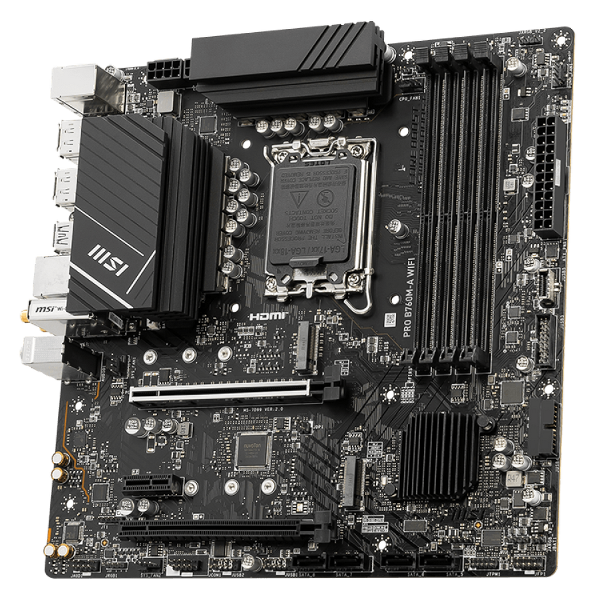 Материнская плата MSI OEM PRO B760M-A WIFI B760, LGA1700, 4*DDR5, 2*PCIEx16, 1*PCIEx1, 2*M.2, 1*TypeC, 2*USB3.2Gen2, 6*USB3.2Gen1, 6*USB2.0, 4*SATA3.0, 2.5G, 2*DP, 2*HDMI, M-ATX, RTL oem
