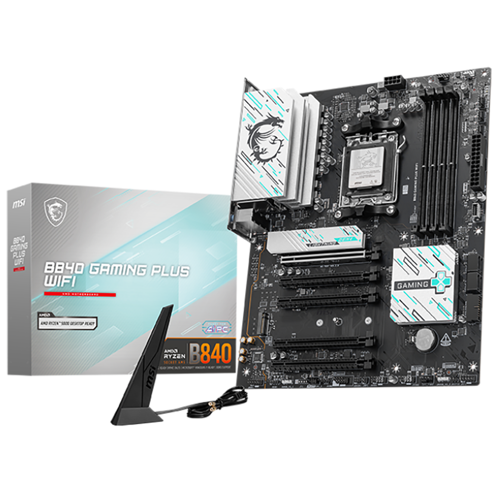 Материнская плата MSI B840 GAMING PLUS WIFI B840, AM5, 4*DDR5, 5*PCIEx16, 3*M.2, 2*TypeC, 1*USB3.2Gen2, 4*USB3.2Gen1, 8*USB2.0, 4*SATA3.0, 2.5G, HDMI, ATX, RTL