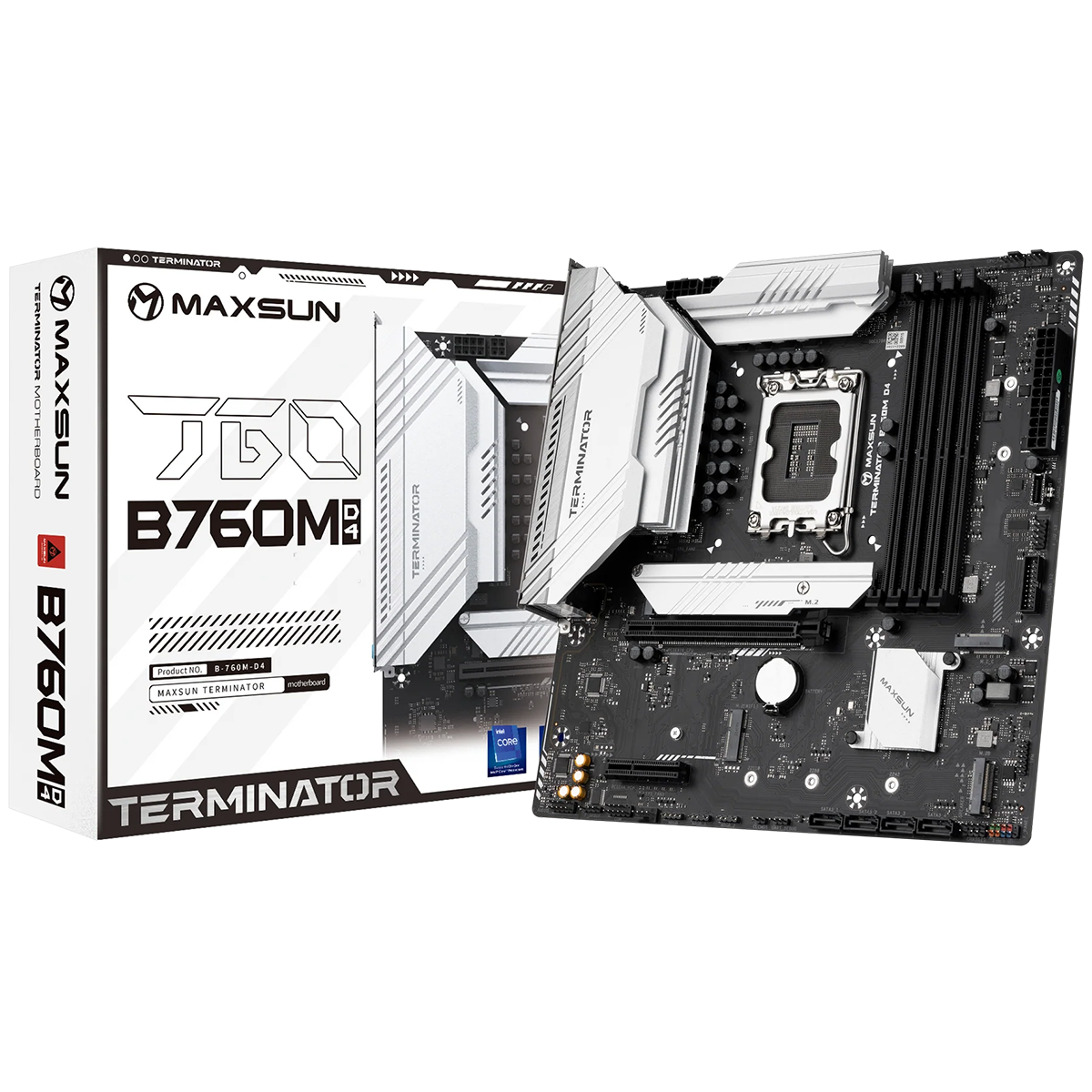 Материнская плата Maxsun MS-Terminator B760M D4 B760, LGA1700, 4*DDR4, 1*PCIEx16, 1*PCIEx4, 3*M.2, 1*TypeC, 4*USB3.2Gen1, 8*USB2.0, 4*SATA3.0, 2.5G, DP, HDMI, M-ATX, RTL