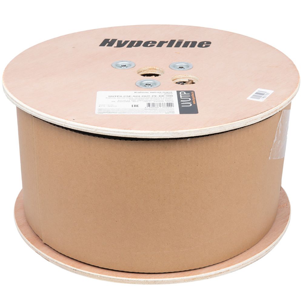Кабель Hyperline UUTP4R-C5E-S24-OUT-PE-BK-500 (500м) Кабель витая пара, неэкранированный U/UTP, категория 5е, 4 пары 24 AWG, 4х2х0,51 мм, однопроволочные жилы, PE, внешний -40°C – +80°C, черный