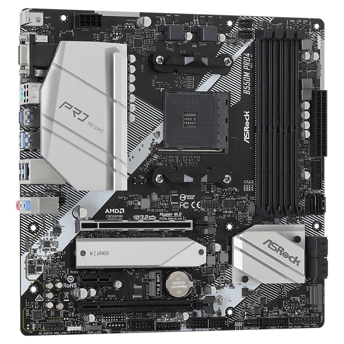 Материнская плата ASRock Bad Pack B550M PRO4, Socket AM4, AMD B550, 4xDDR4-3200, D-SUB+HDMI+DP, 2xPCI-Ex16, 1xPCI-Ex1, 0/1/10), 2xM.2, 8 Ch Audio, 1xGLan, (2+4)xUSB2.0, (5+4)xUSB3.2, (1+0)xUSB3.2 Type-C™, 1xPS/2, mATX, RTL, {20} (931598)
6xSATA3(RAID OEM