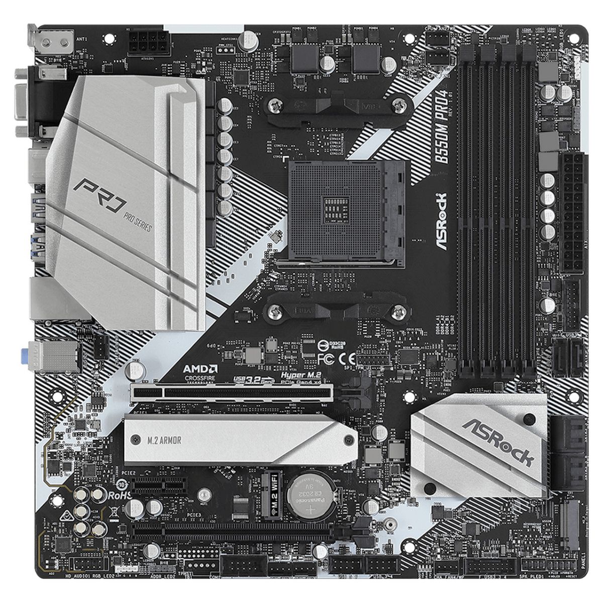 Материнская плата ASRock Bad Pack B550M PRO4, Socket AM4, AMD B550, 4xDDR4-3200, D-SUB+HDMI+DP, 2xPCI-Ex16, 1xPCI-Ex1, 0/1/10), 2xM.2, 8 Ch Audio, 1xGLan, (2+4)xUSB2.0, (5+4)xUSB3.2, (1+0)xUSB3.2 Type-C™, 1xPS/2, mATX, RTL, {20} (931598)
6xSATA3(RAID OEM