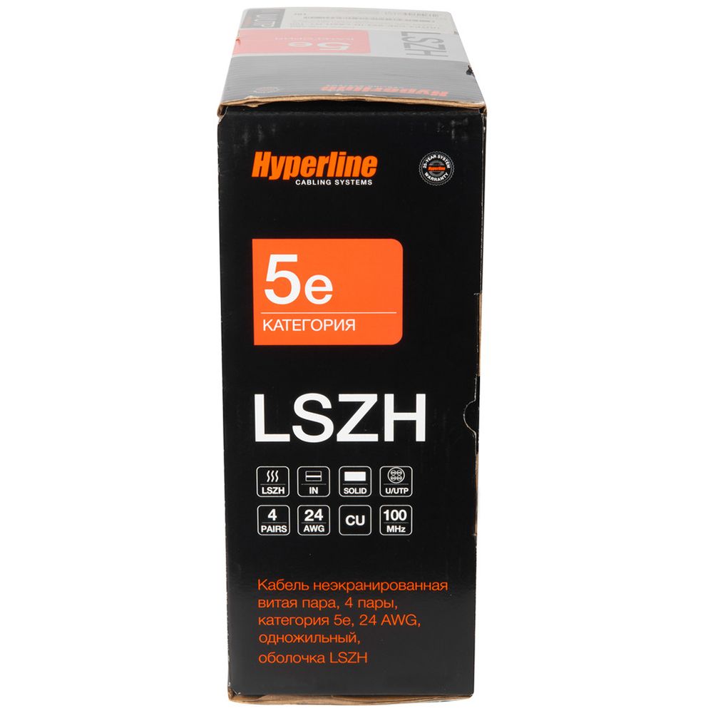 Кабель Hyperline UUTP4R-C5E-S24-IN-LSZH-GY-100 (100м) витая пара, неэкранированный U/UTP, категория 5е, 4 пары 24 AWG, 4х2х0,51 мм, однопроволочные жилы, LSZH, нг(А)-HF, внутренний -40°C – +75°C, серый, системная гарантия 25 лет