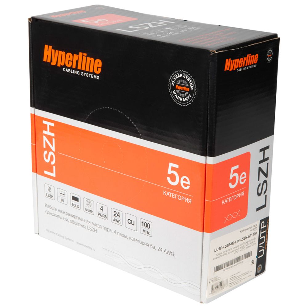 Кабель Hyperline UUTP4R-C5E-S24-IN-LSZH-GY-100 (100м) витая пара, неэкранированный U/UTP, категория 5е, 4 пары 24 AWG, 4х2х0,51 мм, однопроволочные жилы, LSZH, нг(А)-HF, внутренний -40°C – +75°C, серый, системная гарантия 25 лет