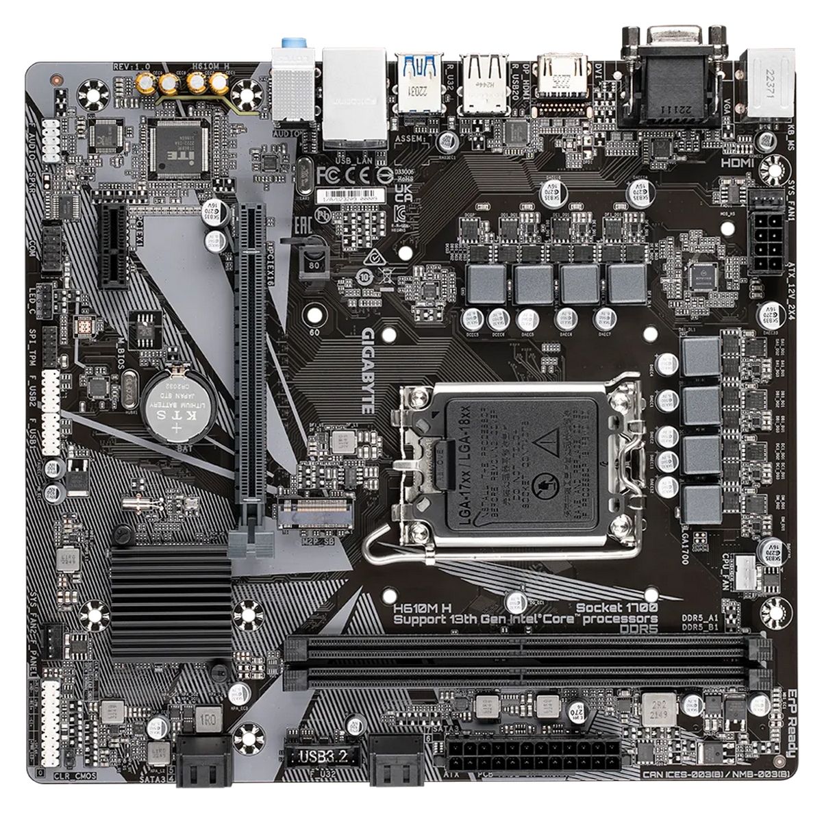 Материнская плата Gigabyte H610M H, Socket 1700, Intel®H610, 2xDDR5-4800, D-SUB+HDMI, 1xPCI-Ex16, 1xPCI-Ex1, 4xSATA3, 1xM.2, 8Ch Audio, GLan, (4+4)xUSB2.0, (2+2)xUSB3.2, 2xPS/2, mATX, RTL