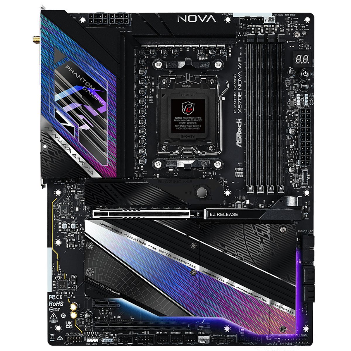 Материнская плата ASRock OEM X870E NOVA WIFI, Socket AM5, AMD X870, 4xDDR5-5200, HDMI, 2xPCI-Ex16, 1xPCI-Ex1, 4xSATA3(RAID 0/1/10), 4xM.2, 8 Ch Audio, 1x5GLan, WIFI, (2+4)xUSB2.0, (8+4)xUSB3.2, (2+1)xUSB Type-C™, ATX, RTL oem