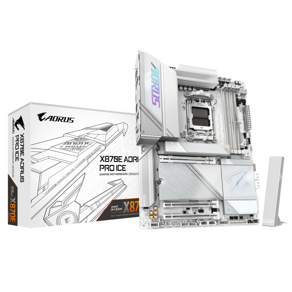 Материнская плата Gigabyte OEM X870E AORUS PRO ICE, Socket AM5, AMD X870E, 4xDDR5-5200, HDMI, 3xPCI-Ex16, 4xSATA3(RAID 0/1/10), 4xM.2, 6 Ch Audio, 1x2,5GLan, (2+4)xUSB2.0, (7+4)xUSB3.2, (2+1)xUSB Type-C™, ATX, RTL
