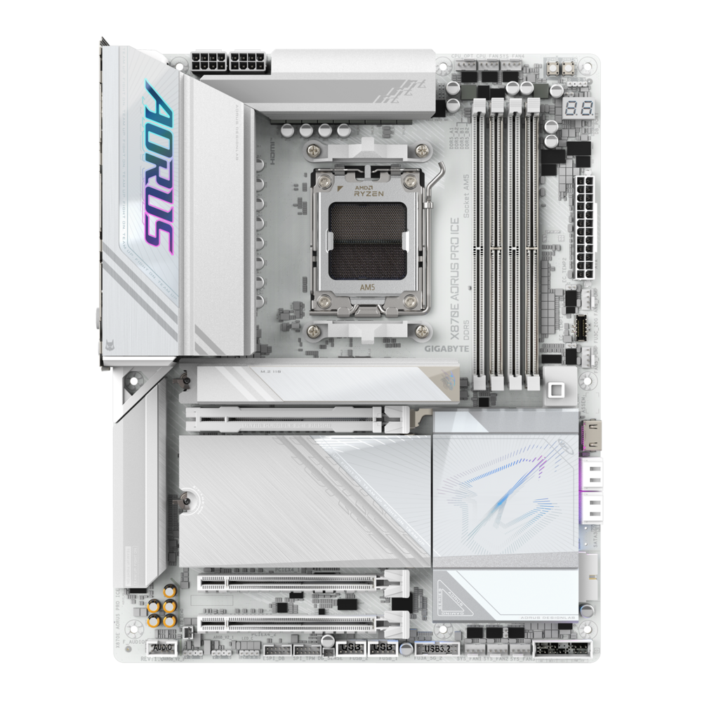 Материнская плата Gigabyte OEM X870E AORUS PRO ICE, Socket AM5, AMD X870E, 4xDDR5-5200, HDMI, 3xPCI-Ex16, 4xSATA3(RAID 0/1/10), 4xM.2, 6 Ch Audio, 1x2,5GLan, (2+4)xUSB2.0, (7+4)xUSB3.2, (2+1)xUSB Type-C™, ATX, RTL