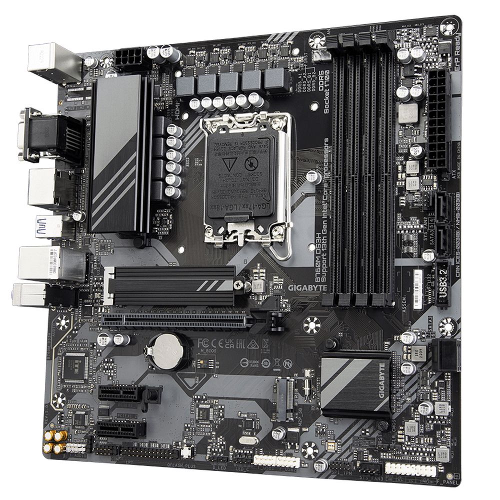 Материнская плата Gigabyte OEM B760M DS3H, Socket 1700, Intel®B760, 4xDDR5-4800, HDMI+DP, 5xPCI-Ex16, 4xSATA3(RAID 0/1/5/10), 2xM.2, 8Ch Audio, 2,5GbLan, (4+4)xUSB2.0, (1+2)xUSB3.2, (1+1)xUSB3.2 Type-C™, mATX, RTL {10} oem