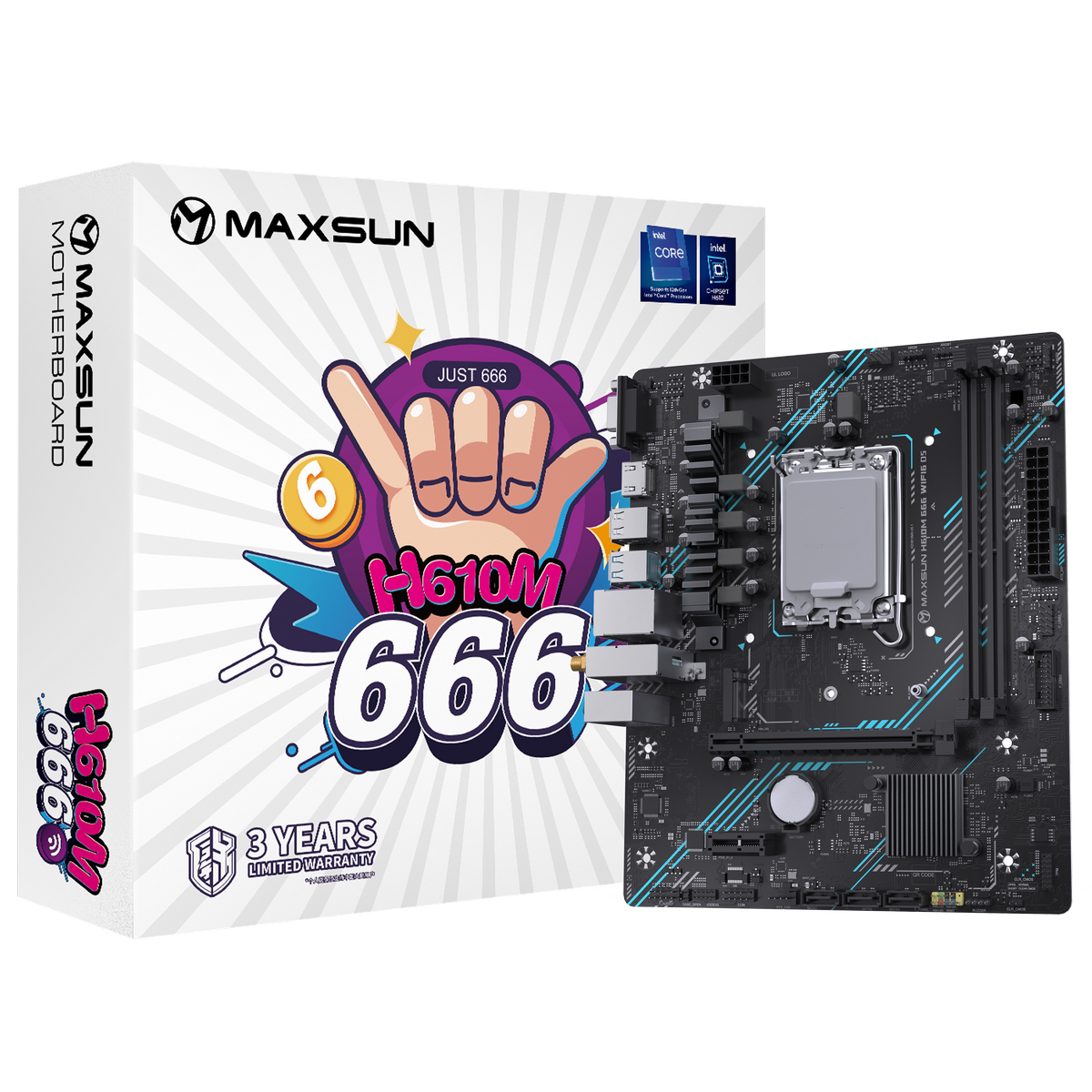Материнская плата Maxsun MS-H610M 666 WIFI6 D5 H610, LGA1700, 2*DDR5, 1*PCIEx16, 1*PCIEx1, 1*M.2, 4*USB3.2Gen1, 5*USB2.0, 3*SATA3.0, 1G, VGA, HDMI, M-ATX, RTL